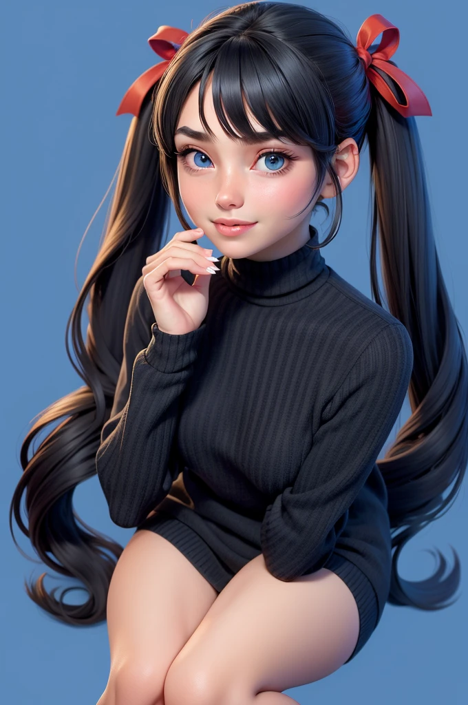 1girl, katara, solo, long hair, messy hair, red sweater, no bra, looking at viewer, blue background, black hair, simple background, two side up, turtleneck, blue eyes, lips, luring smile, slightly sexually aroused, voyeurism, ribbon, hair ribbon, bangs, turtleneck sweater, upper body, parted bangs, black ribbon, ribbed sweater, twintails, nose, legs, nsfw, seductive pose