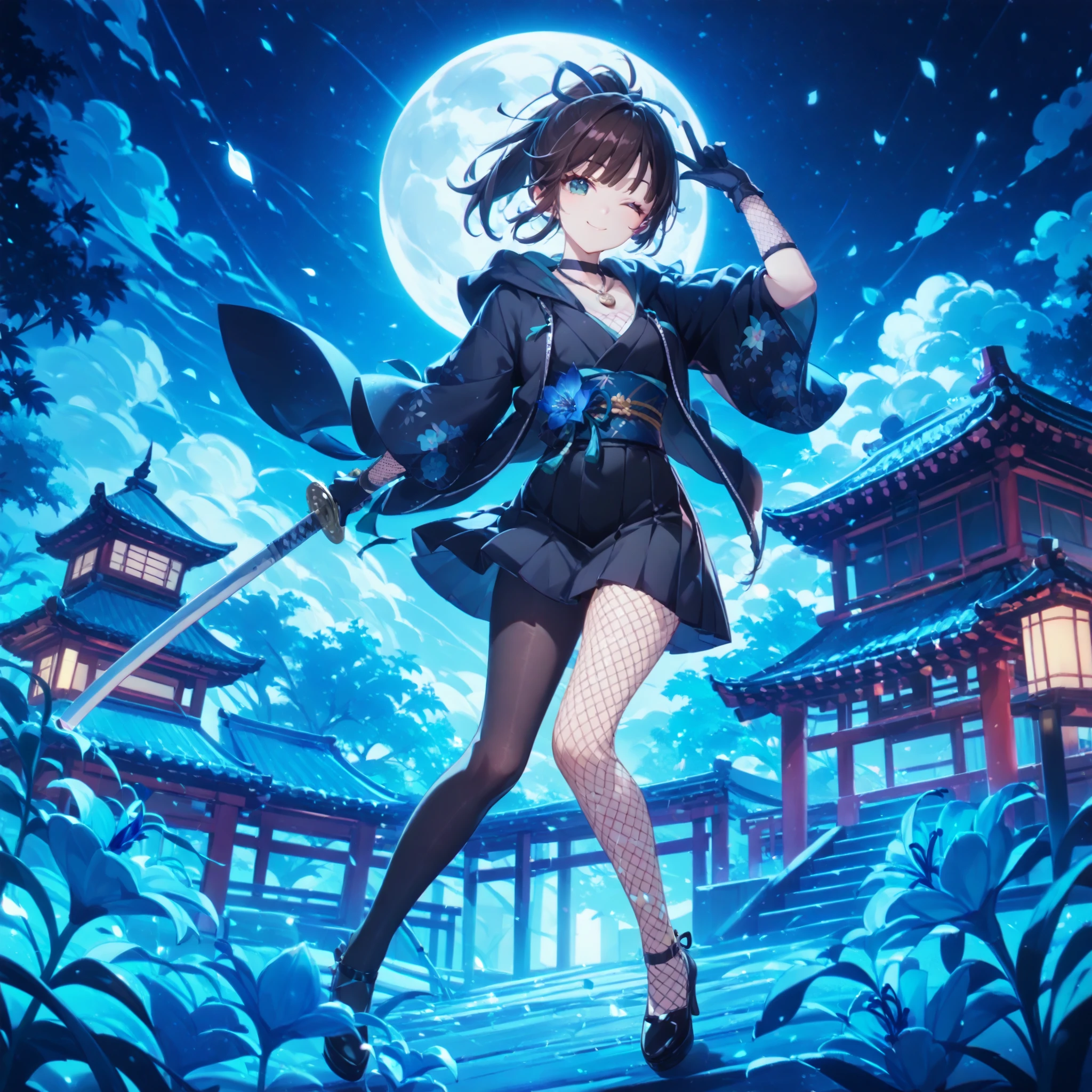 ((((small breast)))), (one girl one man), cute lori, big moon background, small temple silhouettes background, shinobi, kunoichi, free fall pose, small chest, beautiful cyan eyes, dark brown hair, ponytail, (((dark colored kimono skirt with dark blue lily pattern obi))), ((fishnet arm sleeve)), ((gloves)), ((holding a katana)), (((wearing hoodie))), full body view, high definition, masterpiece, Short haired teen girl, dark brown hair, ((ponytail hair)), beautiful cyan eyes, (cute wink), wearing a cute necklace, ((((black waist-high pantyhose)))), 