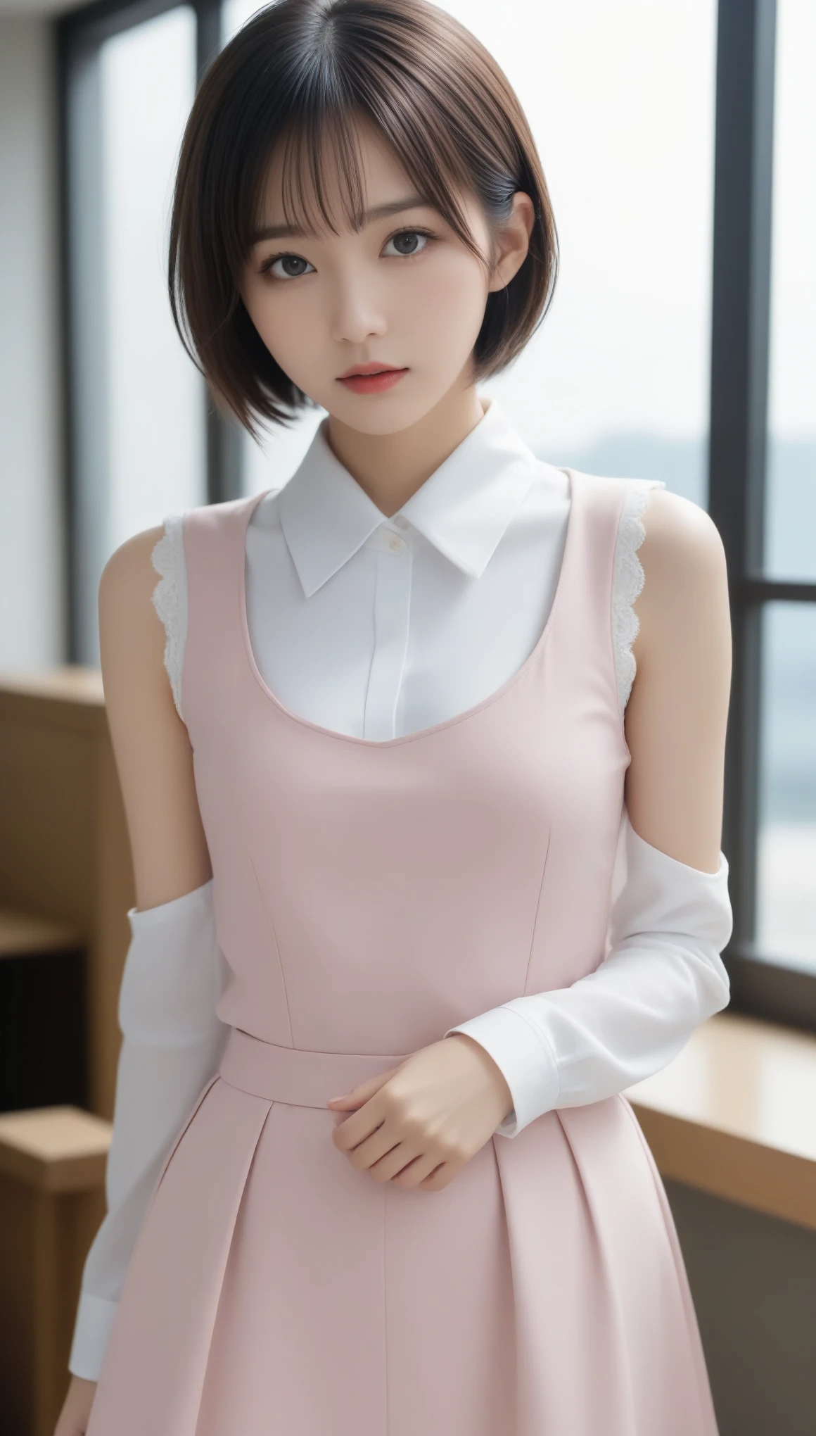 8k, Ultra-high resolution, Best Quality, masterpiece, 三分割法によるphotograph,Surreal, photograph, 1 , (Girl:1.3), cute, cute顔, 細部までBeautiful Eyes, 細かくdetailedに,masterpiece,一人Girl:1.2,Japanese women,female teacher,upper body,glaring,Black Short hair,Short twin tail hair,ID photo,future,Brutal Cyberpunk Woman,Luxurious and gorgeous,classroom,Large windows,((Rococo style instructor uniform:1.5)),Overly decorative fashion,Lavish Decoration,(BDSM Mistress),(With collar),(Upper class lady:1.5),Expressions of despair,Dark and atmospheric lighting,Subtle details, detailedな顔,anger,Attractive eyes,(ポートレートphotograph:1.4),(Photorealistic images:1.4),Fantasy art,(Beautiful Face:1.4),美しくAttractive eyes、Beautiful Eyes,Silver Remaining,(Tight waist:1.4)、(Beautiful with perfect body proportions:1.4),Pink Lips,profile,(((Ideal body type))),A cup small bust :2,、Portraiture:2、Perfect Anatomy、鮮明なdetailed、detailed,Thin lips,完璧でBeautiful Face ,完璧でcute顔, Detailed skin, Perfect limbs、Narrow waist,Surreal,Light and Shadow,Fashion magazine cover,spotlight
