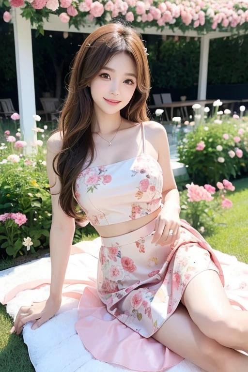 Beautiful woman with very long, straight, light brown hair., Maximum resolution, , Big Breasts, Light blush, รอยsmileยั่วยวน, smile, modern, Wear a pink floral crop top dress with a skirt.,The background is a sitting in a white pavilion with very beautiful flowers.