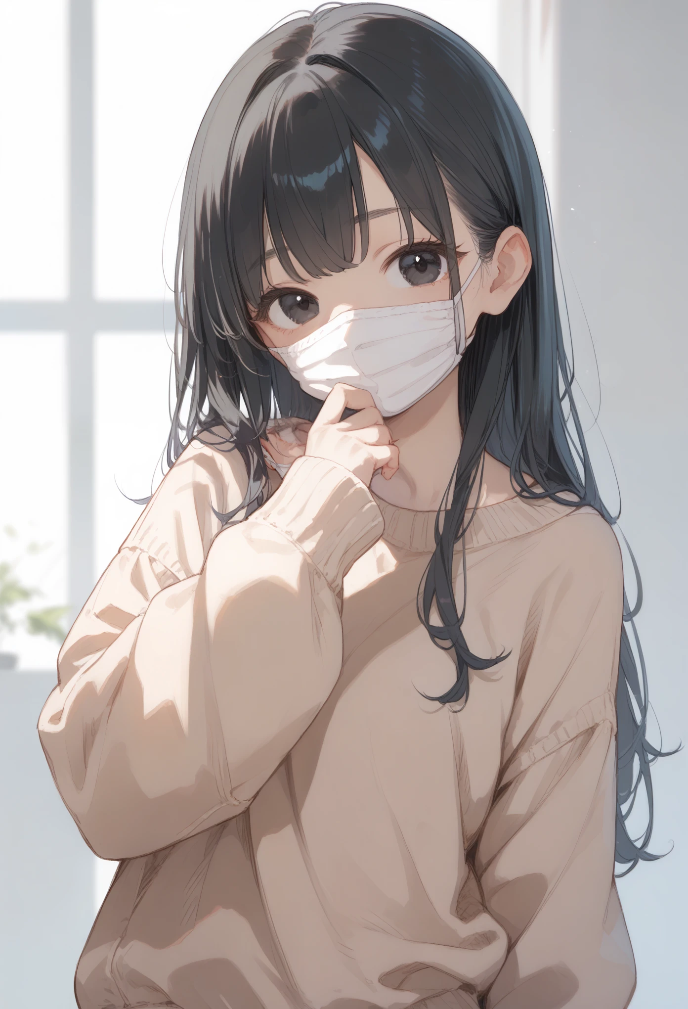 1girl, Alone, White, White Mask, Black Hair, long hair, straight hair, black eyes, cute, sweater