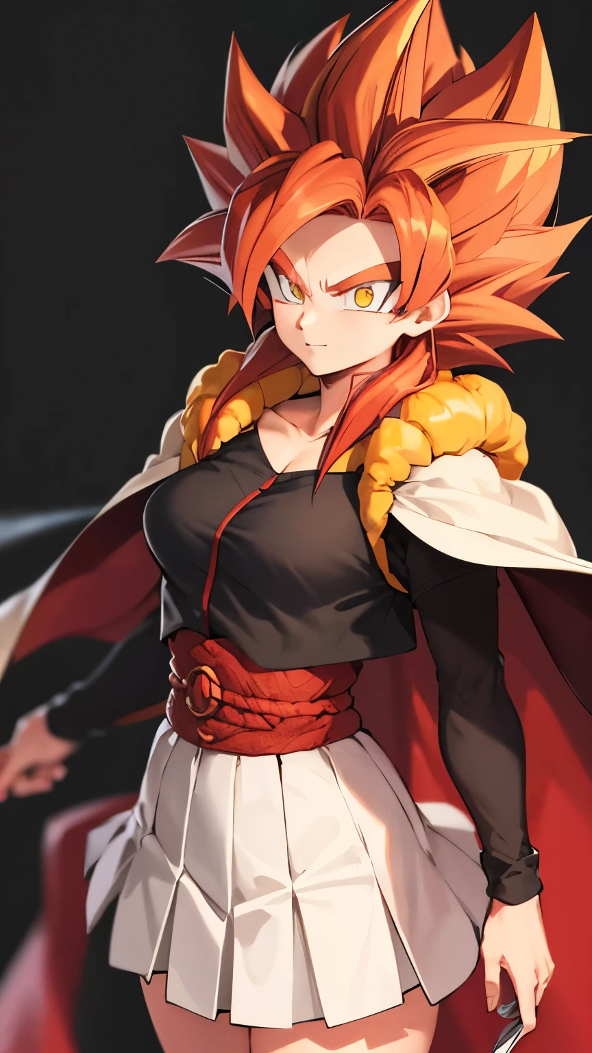 Super Saiyan Woman, white skirt, alone, Red hair, ((medium breasts)) ((traditional cutlery ))