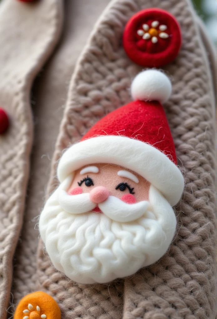 Santa Claus Brooch。Close-up of felt brooch on sweater