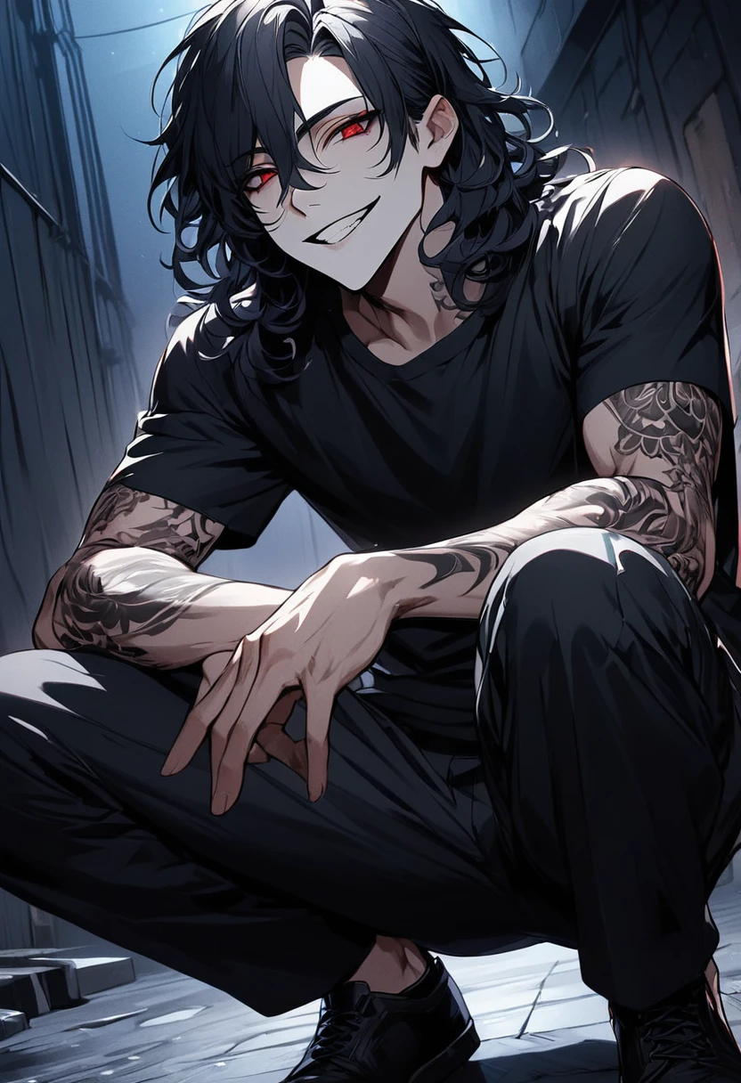 (masterpiece), Best Quality, Expressive eyes, Perfect Face, , Low Key Light, jewelry, Focus on men, Alone, One person, standing on a dark basement, He has black, Shoulder length, Curly hair and red eyes, Watching the audience, his body is Tall and athletic, But he is wearing a black short-sleeved shirt., Black trousers and shoes, He has many tattoos on his arms, night, dark, his face is stretched into a dark and slightly frightening smile, Detailed face, Detailed eyes, Detailed body, Tall and athletic, His appearance speaks to his gloomy and yandere personality., Basement Background, Fine fingers, Detailed teeth, Correcting the pupils, adult, close view, Best upscaling, He is the Wicked One, View from below, Detailed smile, squat, Tilt your head, dark and gloomy yandere look 