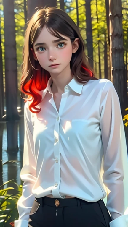 (realistic, best quality, RAW photo, masterpiece), girl, age 10, skinny, beautiful, tall, very long open transparent shirt, shirt to ankels, flat chest, big green eyes, very long red curly hair, ultra detail skin, baby face, naked body, very small teardrop breasts, narrow pelvis, slim legs, walking in a dark magic forest, a little fox with her, gentle, graceful, naughty, scared