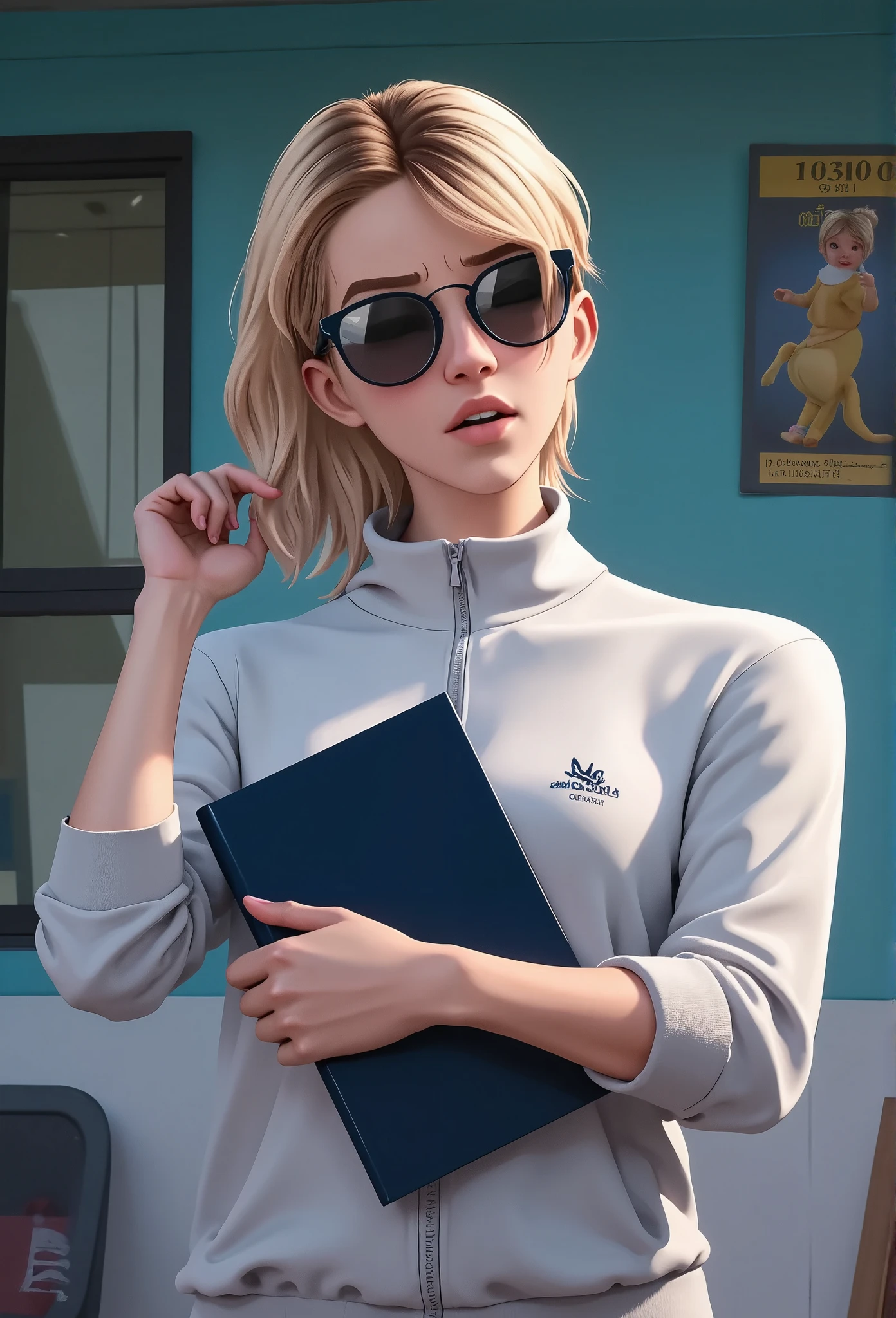 incrsdealwithit sunglasses a very confidant badass arrogant cocky boss bitch attitude ,gwen stacy wearing chunky saggy edgy loose adidas tracksuit leaning fowards being angry self centre egotistical