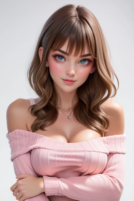 1 girl (18yo) , upper body, slim waist, small breast, sexy pose, naugthy face, bangs, cleavage, , short top, grey sweater,off shoulder, seductive smile, wear sexy outfit, white background