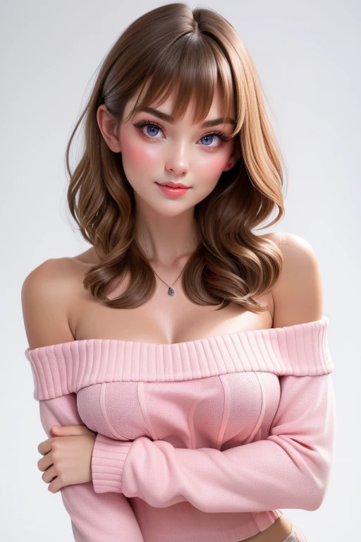 1 girl (18yo) , upper body, slim waist, small breast, sexy pose, naugthy face, bangs, cleavage, , short top, grey sweater,off shoulder, seductive smile, wear sexy outfit, white background