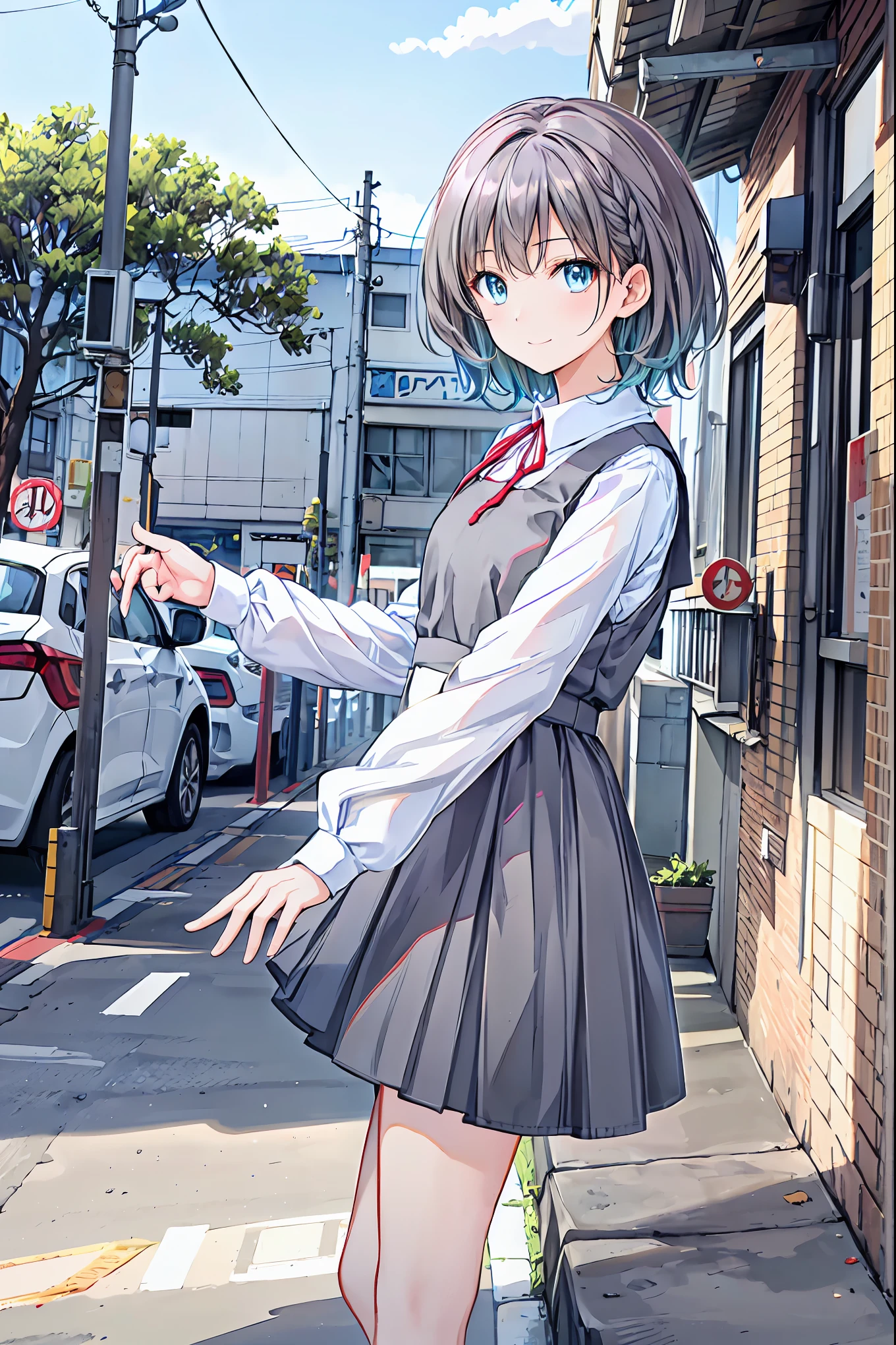 Beautiful face in every detail，cute，Dark brown eyes，(背の低いcute女の子，Young ，Young and delicate girl）,（masterpiece，Please redeem)，Sleepy look，Checkered Skirt，Brown Hair，Shortcuts，Messy Hair，Short braided hair，Neat，Slender beauty，A dignified posture，Small chest，Beautiful feet，Her captivating grey-blue eyes shine like stars，Vibrant colors,Beautiful Eyes,A delicate smile,Textured Skin,The best quality at its best,A kind and beautiful woman,Anime Style､