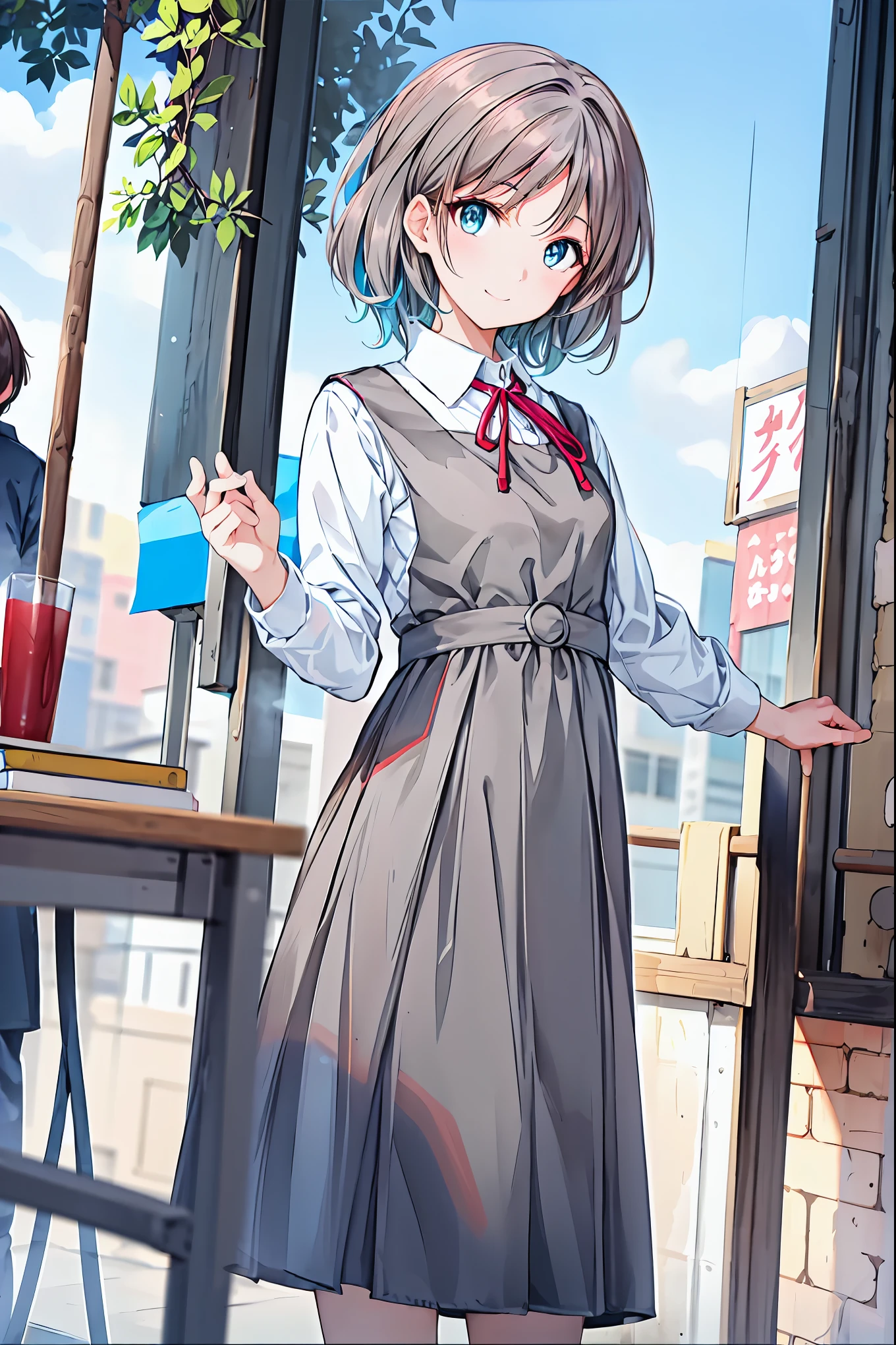 Beautiful face in every detail，cute，Dark brown eyes，(背の低いcute女の子，Young student，Young and delicate girl）,（masterpiece，Please redeem)，Sleepy look，Checkered Skirt，Brown Hair，Shortcuts，Messy Hair，Short braided hair，Neat，Slender beauty，A dignified posture，Small chest，Beautiful feet，Her captivating grey-blue eyes shine like stars，Vibrant colors,Beautiful Eyes,A delicate smile,Textured Skin,The best quality at its best,A kind and beautiful woman,Anime Style､