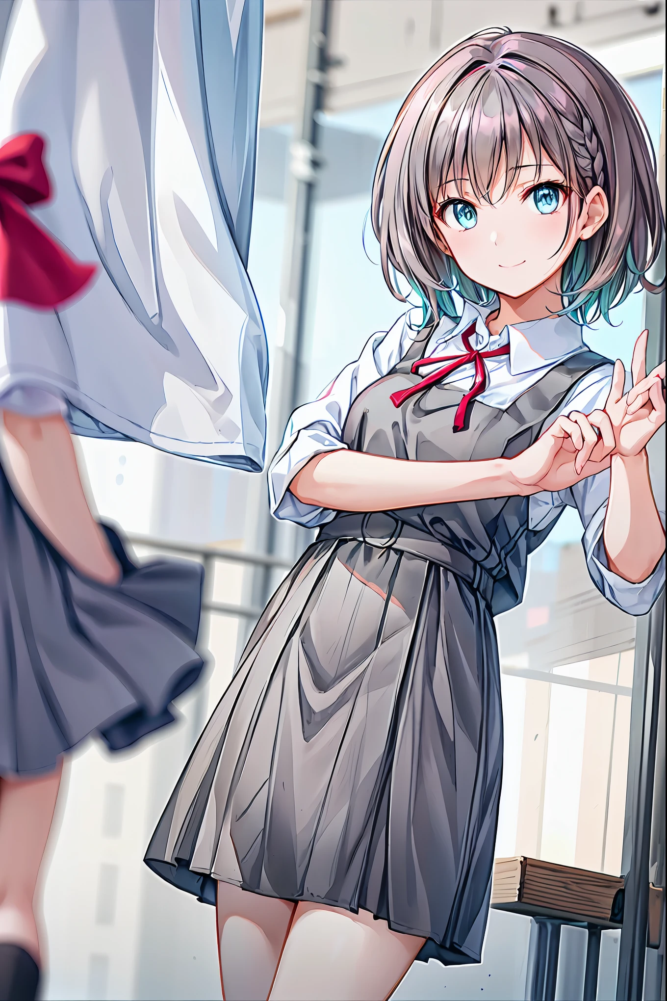 Beautiful face in every detail，cute，Dark brown eyes，(背の低いcute女の子，Young student，Young and delicate girl）,（masterpiece，Please redeem)，Sleepy look，Checkered Skirt，Brown Hair，Shortcuts，Messy Hair，Short braided hair，Neat，Slender beauty，A dignified posture，Small chest，Beautiful feet，Her captivating grey-blue eyes shine like stars，Vibrant colors,Beautiful Eyes,A delicate smile,Textured Skin,The best quality at its best,A kind and beautiful woman,Anime Style､