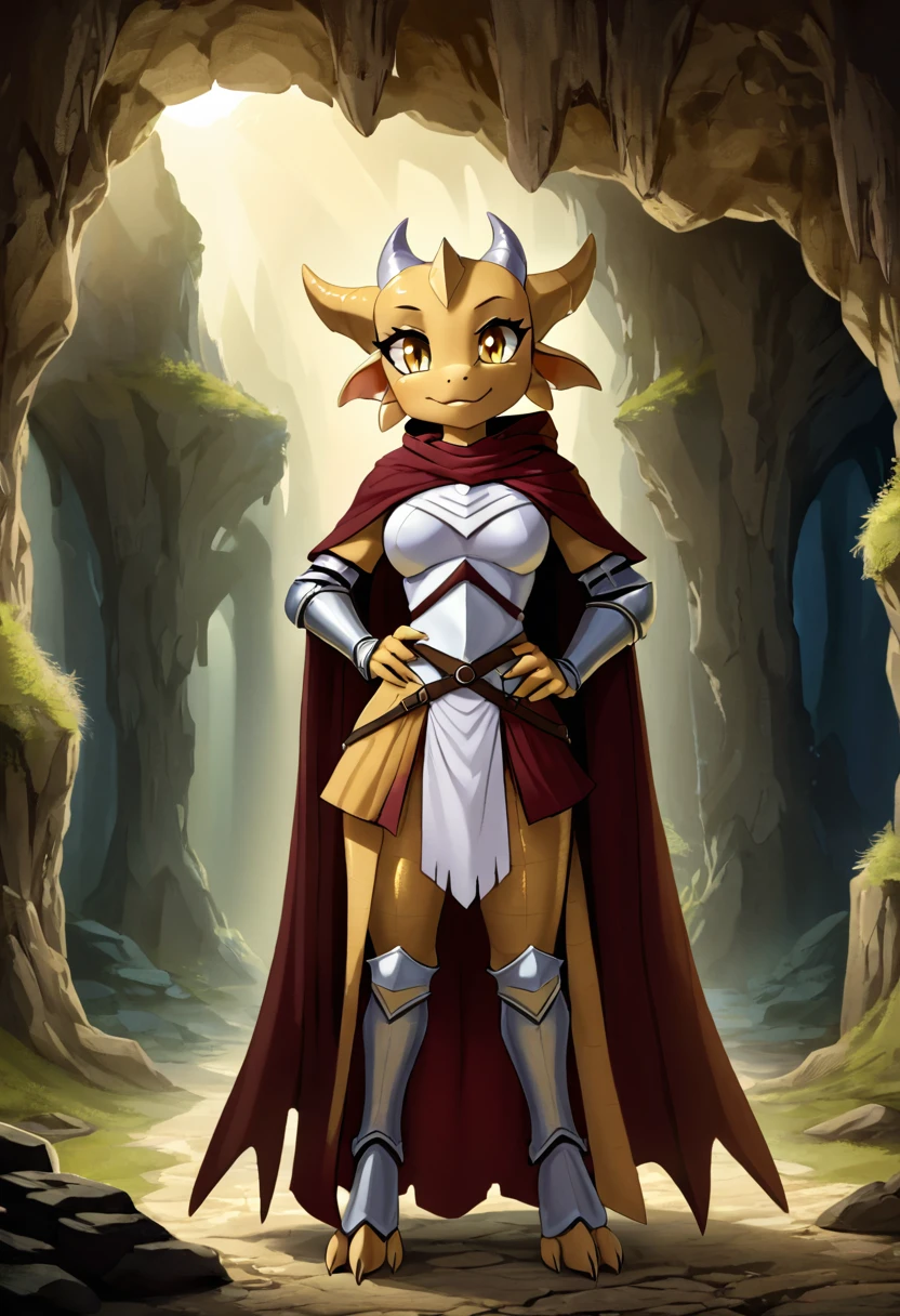 anthropomorphic kobold, female, she has well-detailed gold scales, she has curved horns with white divisions, she has long furry ears, she has beautiful well-detailed yellow eyes, she has wide hips, she is wearing a medieval armor, she is wearing a ruined and torn light brown poncho, she is standing in a cave, in the background are some stalagtites, 2d art style, full body view from the front and looking at the viewer with a happy face .
