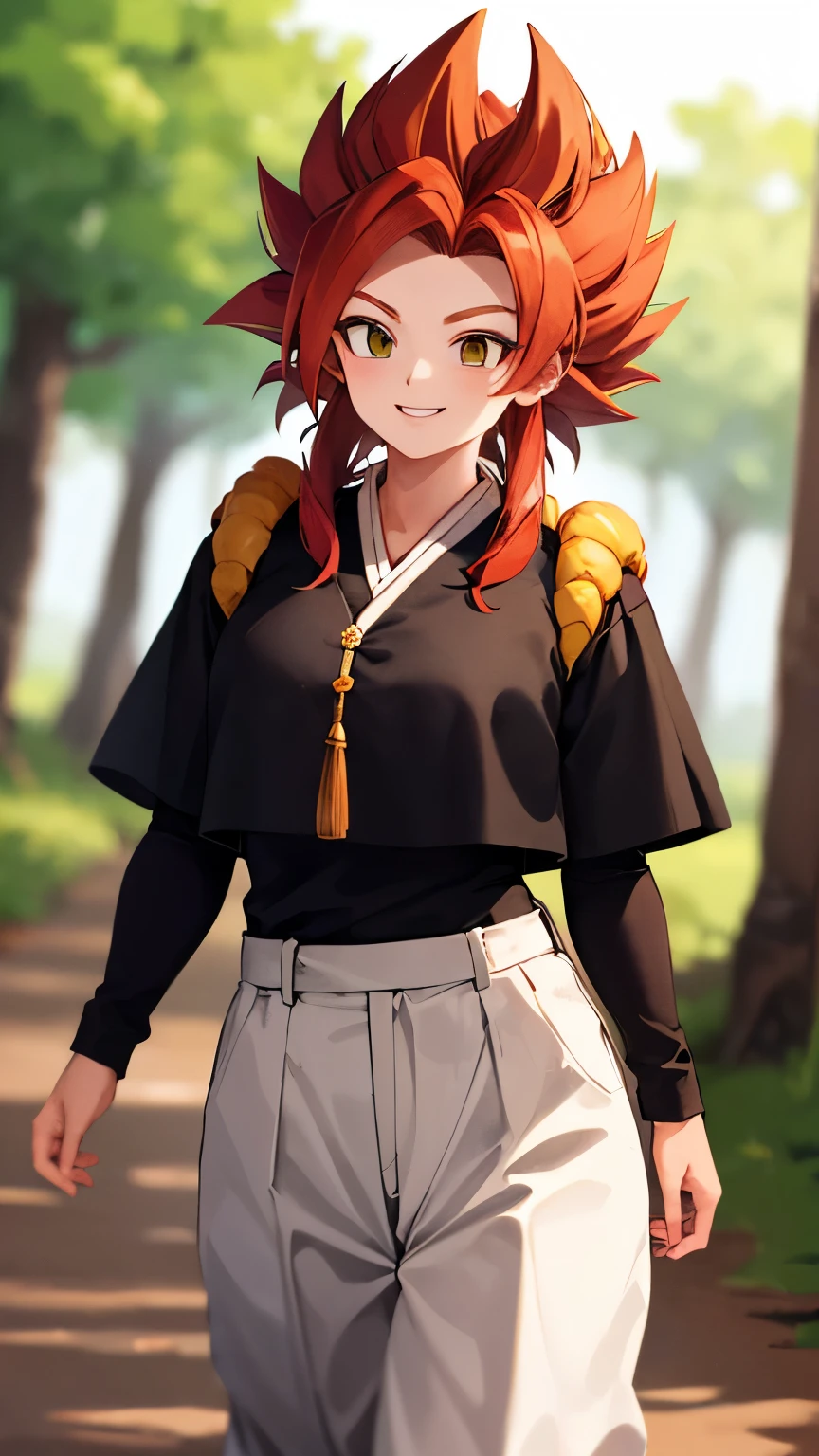 Super Saiyan Woman, white pants, alone, Red hair, (( traditional costume )) in the middle of the forest smiling walking