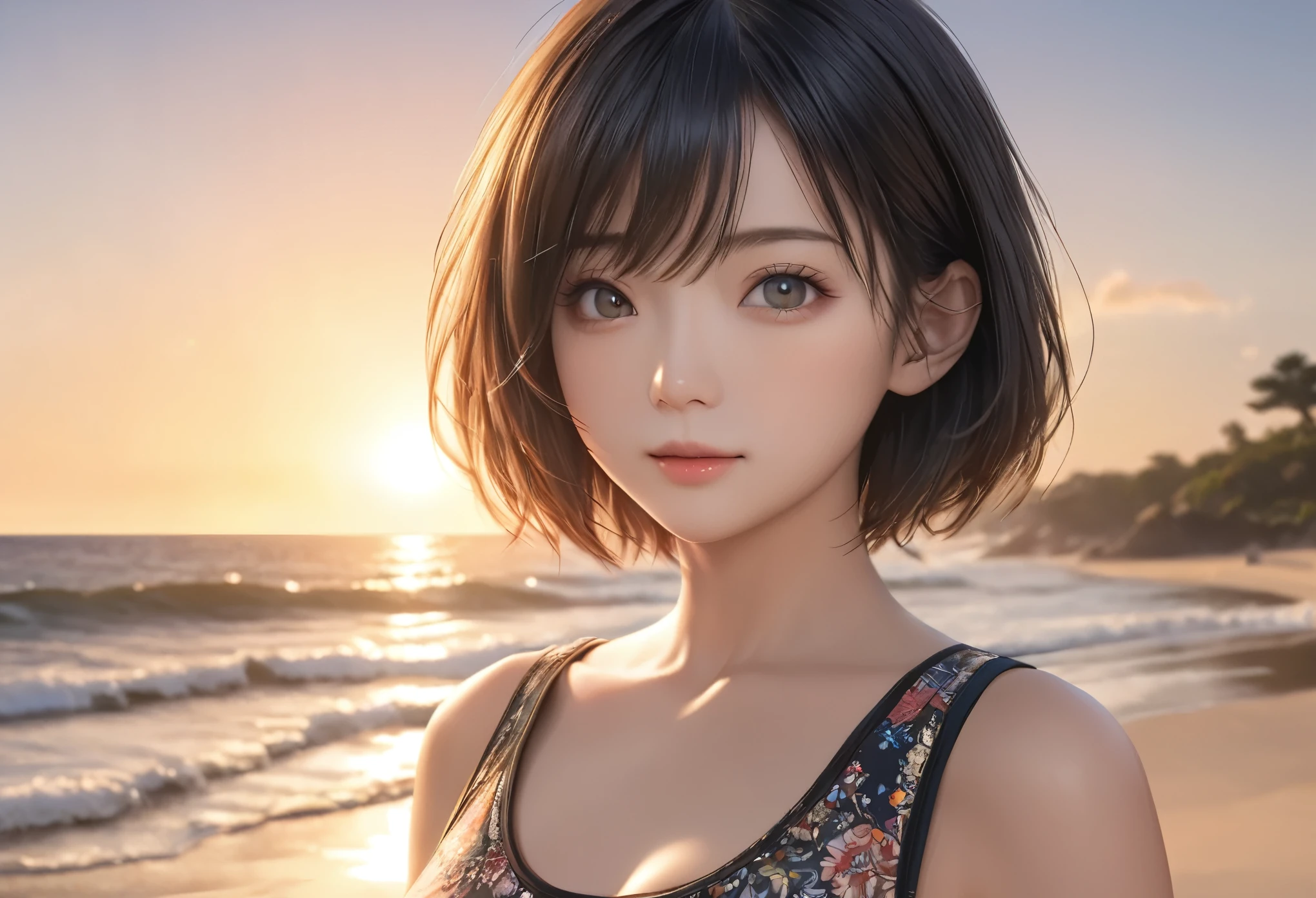 a beautiful young japanese woman with short black hair standing in front of a beach with a setting sun, looking directly at the camera, 1girl, portrait, bust shot, sunset, beach, cute, (best quality,4k,8k,highres,masterpiece:1.2),ultra-detailed,(realistic,photorealistic,photo-realistic:1.37),HDR,UHD,studio lighting,ultra-fine painting,sharp focus,physically-based rendering,extreme detail description,professional,vivid colors,bokeh,natural lighting