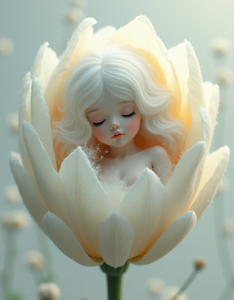 small naked fairy, lies on a large flower, flower in the background, high angel pov 120mm, macro shot, depth of field, soft front light, glow, HDR, (muted colors:1.2), Canon RF 100mm F2.8L Macro IS USM