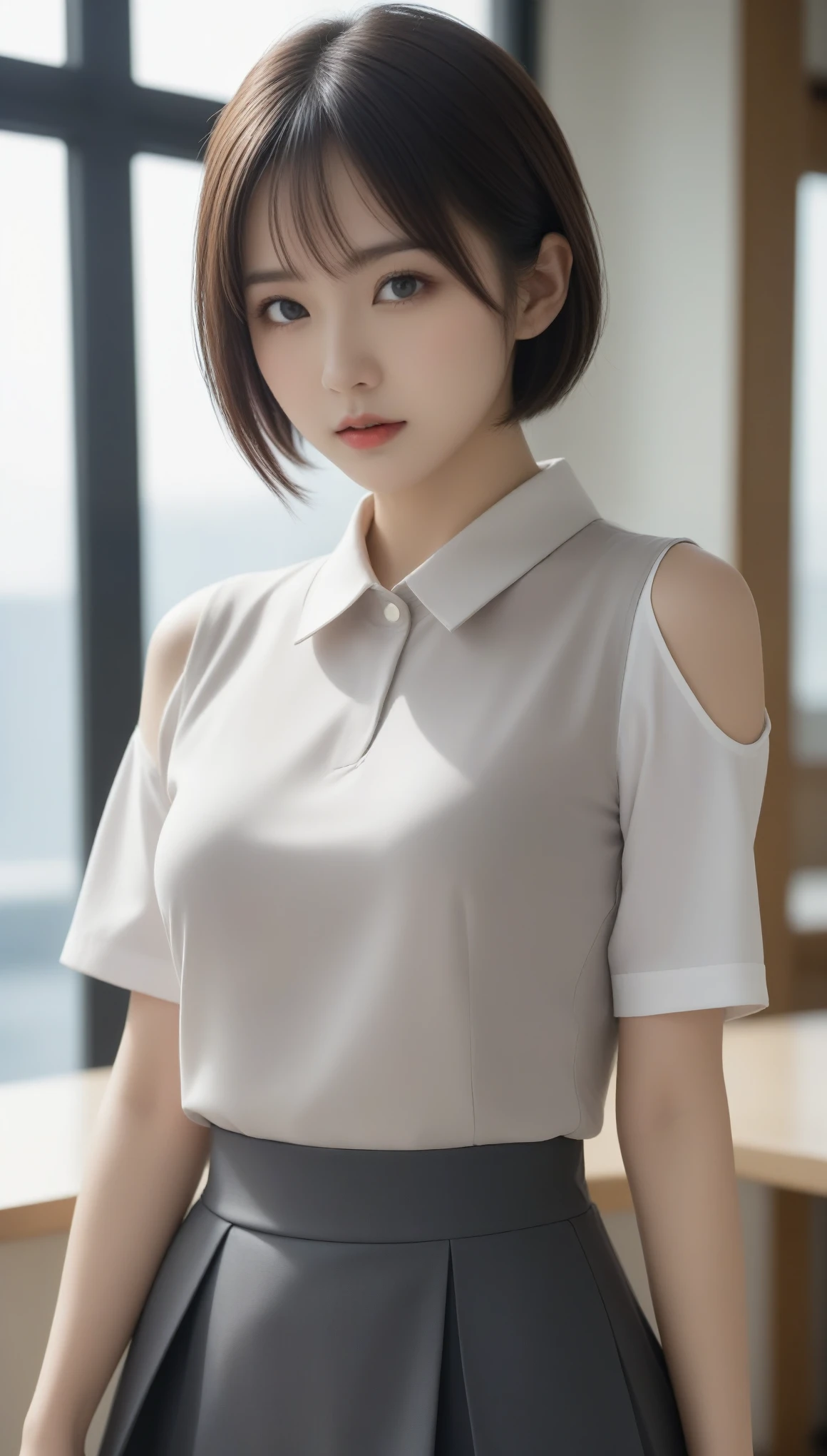 8k, Ultra-high resolution, Best Quality, masterpiece, 三分割法によるphotograph,Surreal, photograph, 1 , (Girl:1.3), cute, cute顔, 細部までBeautiful Eyes, 細かくdetailedに,masterpiece,一人Girl:1.2,Japanese women,female teacher,close up,glaring,Black hair,Bowl cut,ID photo,future,Brutal Cyberpunk Woman,Luxurious and gorgeous,classroom,Large windows,((Bondage fashion instructor uniform:1.5)),Overly decorative fashion,Lavish Decoration,(BDSM Mistress),(With collar),(Upper class lady:1.5),Expressions of despair,Dark and atmospheric lighting,Subtle details, detailedな顔,anger,Attractive eyes,(ポートレートphotograph:1.4),(Photorealistic images:1.4),Fantasy art,(Beautiful Face:1.4),美しくAttractive eyes、Beautiful Eyes,Silver Remaining,(Tight waist:1.4)、(Beautiful with perfect body proportions:1.4),Pink Lips,profile,(((Ideal body type))),A cup small bust :2,、Portraiture:2、Perfect Anatomy、鮮明なdetailed、detailed,Thin lips,完璧でBeautiful Face ,完璧でcute顔, Detailed skin, Perfect limbs、Narrow waist,Surreal,Light and Shadow,Fashion magazine cover,spotlight