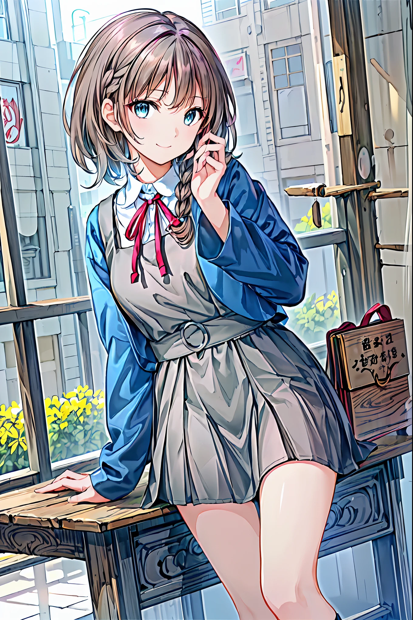 Beautiful face in every detail，cute，(背の低いcute女の子，Young ，Young and delicate girl），Brown Hair，Shortcuts，Messy Hair，Short braided hair，Neat，Slender beauty，A dignified posture，Small chest，Beautiful feet，Her captivating grey-blue eyes shine like stars，Vibrant colors,Beautiful Eyes,A delicate smile,Textured Skin,The best quality at its best,A kind and beautiful woman,Anime Style､break (masterpiece:1.2), Best Quality, High resolution, unity 8k wallpaper, (shape:0.8), (Beautiful attention to detail:1.6), Highly detailed face, Perfect lighting, Extremely detailed CG, (Perfect hands, Perfect Anatomy),