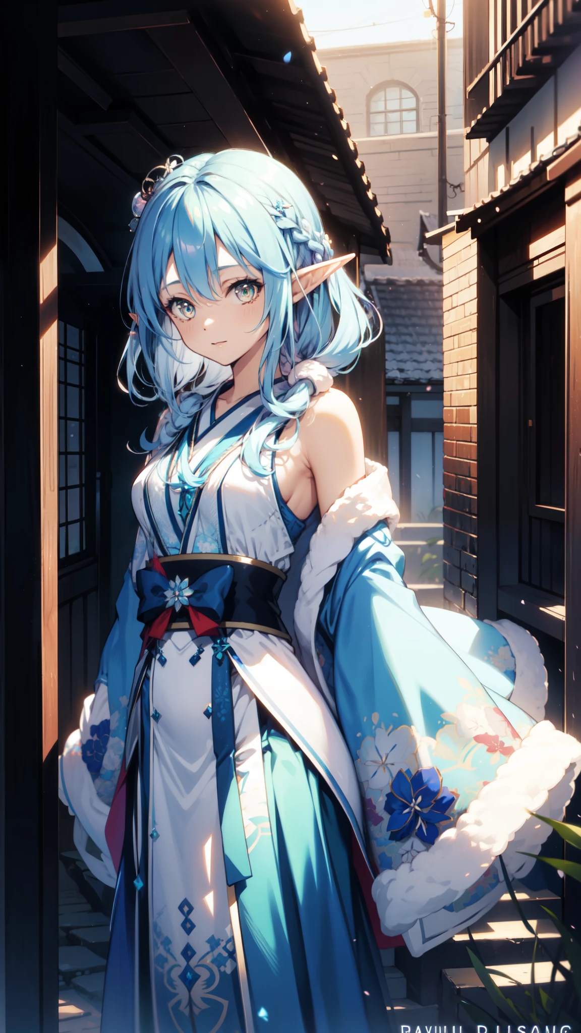 Anime Girl, Fantasy illustration, Flowing hair，Blue Japanese long skirt，Transparent clothes， Beautiful young elf, Dark blue hair，Medium to short hair，Double braid，Hair accessories，Happy，Beautiful fantasy anime, 闪亮Flowing hair, Ethereal Anime, Beautiful anime illustrations, Beautiful digital artwork, Anime Fantasy Artwork，Snowflake Solitaire