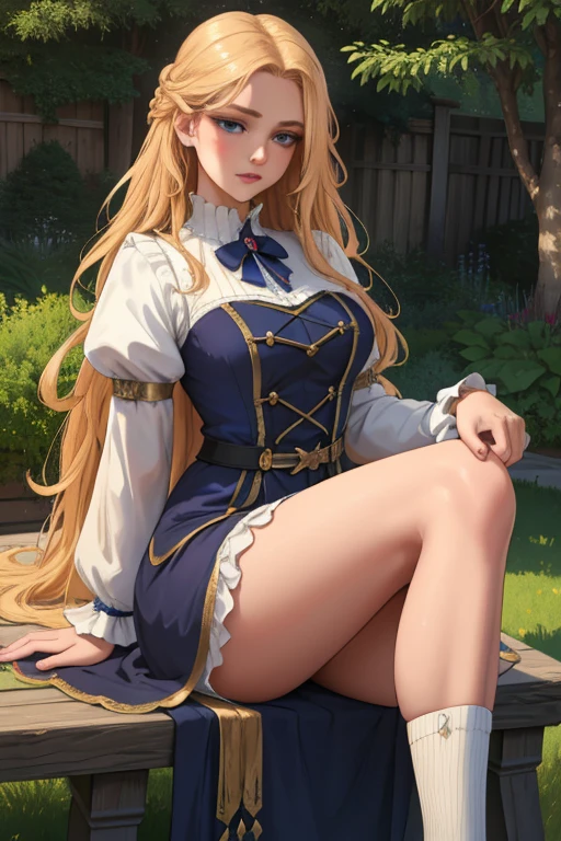 1girl, long curly golden blonde hair to waist, blue eyes, thin lips, round face, long knee-length embroidered dress, knee-high socks, red ballet flats, 19th century aristocratic young lady attire, petite bust, delicate features, angelic, english mansion garden background, looking at viewer, soft tender gaze, (best quality,4k,8k,highres,masterpiece:1.2),ultra-detailed,(realistic,photorealistic,photo-realistic:1.37),HDR,UHD,studio lighting,ultra-fine painting,sharp focus,physically-based rendering,extreme detail description,professional,vivid colors,bokeh,(intricate,elegant,beautiful:1.2),(serene,graceful,tranquil:1.1)