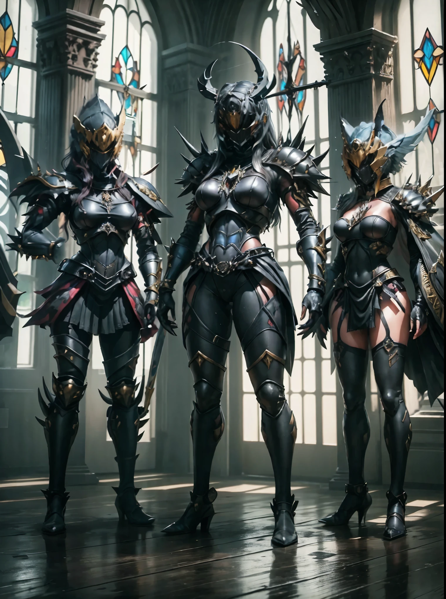 Female Knight. Bikini armor. Black armor. Spiky spines. Stained glass-style armor. Large gauntlets. Sharp claws. Warhammer.