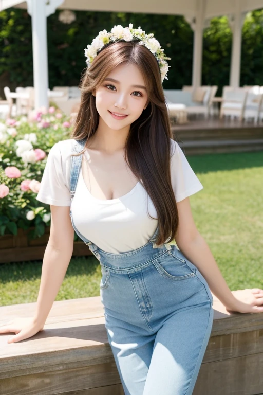 Beautiful woman with very long, straight, light brown hair., Maximum resolution, , Big Breasts, Light blush, รอยsmileยั่วยวน, smile, modern, Wear cropped denim overalls with a skirt,The background is sitting in a white pavilion with beautiful flowers and a white headband., 