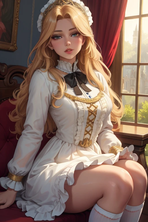 1girl, long curly golden blonde hair to waist, beautiful detailed eyes, beautiful detailed lips, extremely detailed eyes and face, long eyelashes, round face, petite bust, delicate features, angelic, 19th century aristocratic young lady attire, long knee-length embroidered dress, knee-high socks, red ballet flats, english mansion garden background, looking at viewer, soft tender gaze, (best quality,4k,8k,highres,masterpiece:1.2),ultra-detailed,(realistic,photorealistic,photo-realistic:1.37),HDR,UHD,studio lighting,ultra-fine painting,sharp focus,physically-based rendering,extreme detail description,professional,vivid colors,bokeh,(intricate,elegant,beautiful:1.2),(serene,graceful,tranquil:1.1)