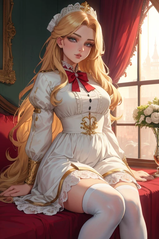 1girl, long curly golden blonde hair to waist, beautiful detailed eyes, beautiful detailed lips, extremely detailed eyes and face, long eyelashes, round face, petite bust, delicate features, angelic, 19th century aristocratic young lady attire, long knee-length embroidered dress, knee-high socks, red ballet flats, english mansion garden background, looking at viewer, soft tender gaze, (best quality,4k,8k,highres,masterpiece:1.2),ultra-detailed,(realistic,photorealistic,photo-realistic:1.37),HDR,UHD,studio lighting,ultra-fine painting,sharp focus,physically-based rendering,extreme detail description,professional,vivid colors,bokeh,(intricate,elegant,beautiful:1.2),(serene,graceful,tranquil:1.1)