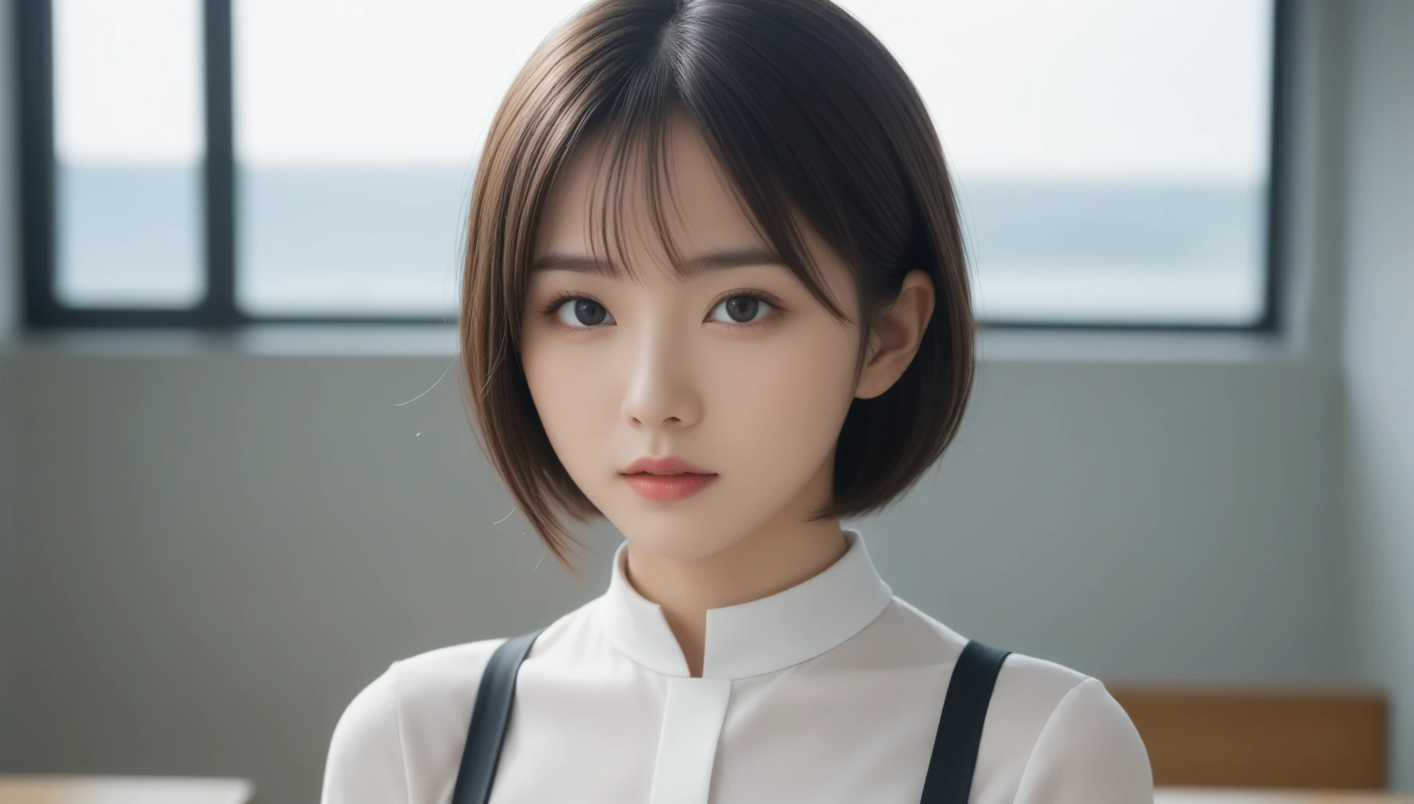 8k, Ultra-high resolution, Best Quality, masterpiece, 三分割法によるphotograph,Surreal, photograph, 1 , (Girl:1.3), cute, cute顔, 細部までBeautiful Eyes, 細かくdetailedに,masterpiece,一人Girl:1.2,Japanese women,female teacher,close up,glaring,Black hair,Bowl cut,ID photo,future,Brutal Cyberpunk Woman,Luxurious and gorgeous,classroom,Large windows,((Bondage fashion instructor uniform:1.5)),Overly decorative fashion,Lavish Decoration,(BDSM Mistress),(With collar),(Upper class lady:1.5),Expressions of despair,Dark and atmospheric lighting,Subtle details, detailedな顔,anger,Attractive eyes,(ポートレートphotograph:1.4),(Photorealistic images:1.4),Fantasy art,(Beautiful Face:1.4),美しくAttractive eyes、Beautiful Eyes,Silver Remaining,(Tight waist:1.4)、(Beautiful with perfect body proportions:1.4),Pink Lips,profile,(((Ideal body type))),A cup small bust :2,、Portraiture:2、Perfect Anatomy、鮮明なdetailed、detailed,Thin lips,完璧でBeautiful Face ,完璧でcute顔, Detailed skin, Perfect limbs、Narrow waist,Surreal,Light and Shadow,Fashion magazine cover,spotlight