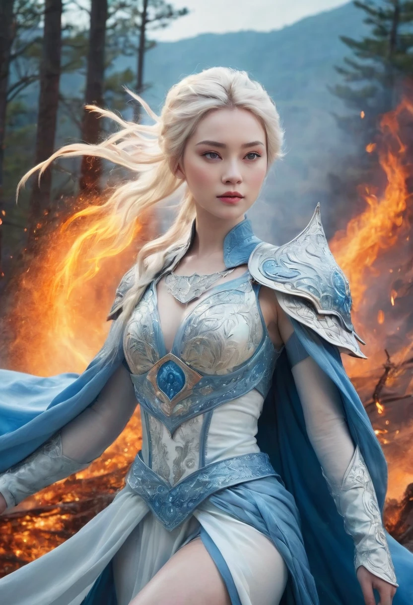 A graceful snow warrior walking on a mountain engulfed in a forest fire at night. She is a beautiful young woman with pale skin, wearing an ice  armor in shades of blue and white. The scene is dramatic, with flames and sparks flying in the air, and a raging firestorm surrounding her. Despite the chaos, she stands tall and regal with a slightly smile on her face, exuding calm and elegance against the fiery backdrop. The scene is realistic. หน้าอก, 