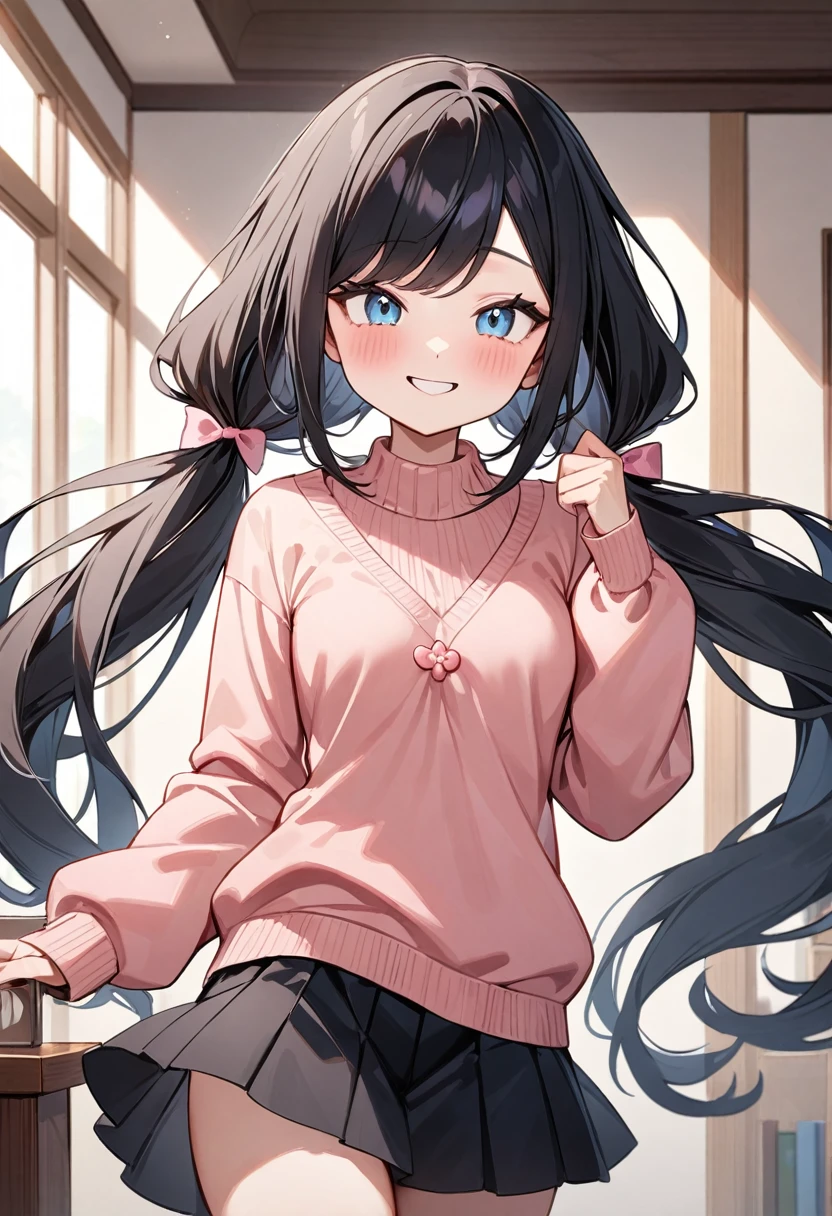 best quality, 1girl, masterpiece ultra detailed, illustration, yang guifei, glossy lips, light smile, sitting, twintails, sofa, (knit sweater)