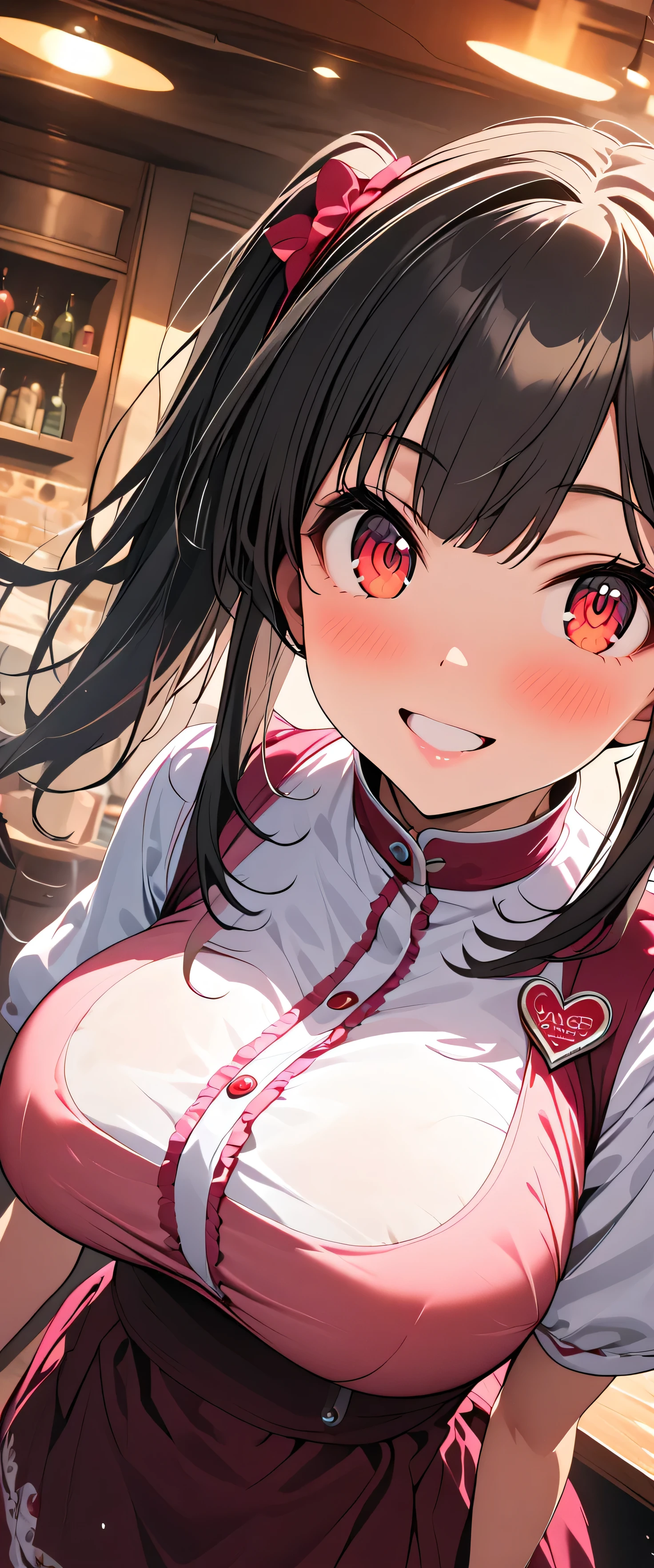 (beautiful girl: 1.3),One girl,masterpiece, Please redeem, Ultra-high resolution,Rich contrast,super high quality,8k,High-definition CG unit wallpaper,Texture,Very absurd,Ultra-high resolution,RAW Photos,Please redeem anime,Depth of written boundary 1.2,(Black Hair,high twintails,Straight bangs),Very detailed eyes,Red Eyes,Glowing Skin,Glitter Effect,Beautiful glossy lips,(Shirred collar,Heart-shaped name plate,A bib apron with a wide opening at the chest,Wine red apron),anna miller,restaurant,The best smile,Female store clerk,(Huge breasts:1.8),Big Ass,hair band,etc,(overhead shot:1.5)