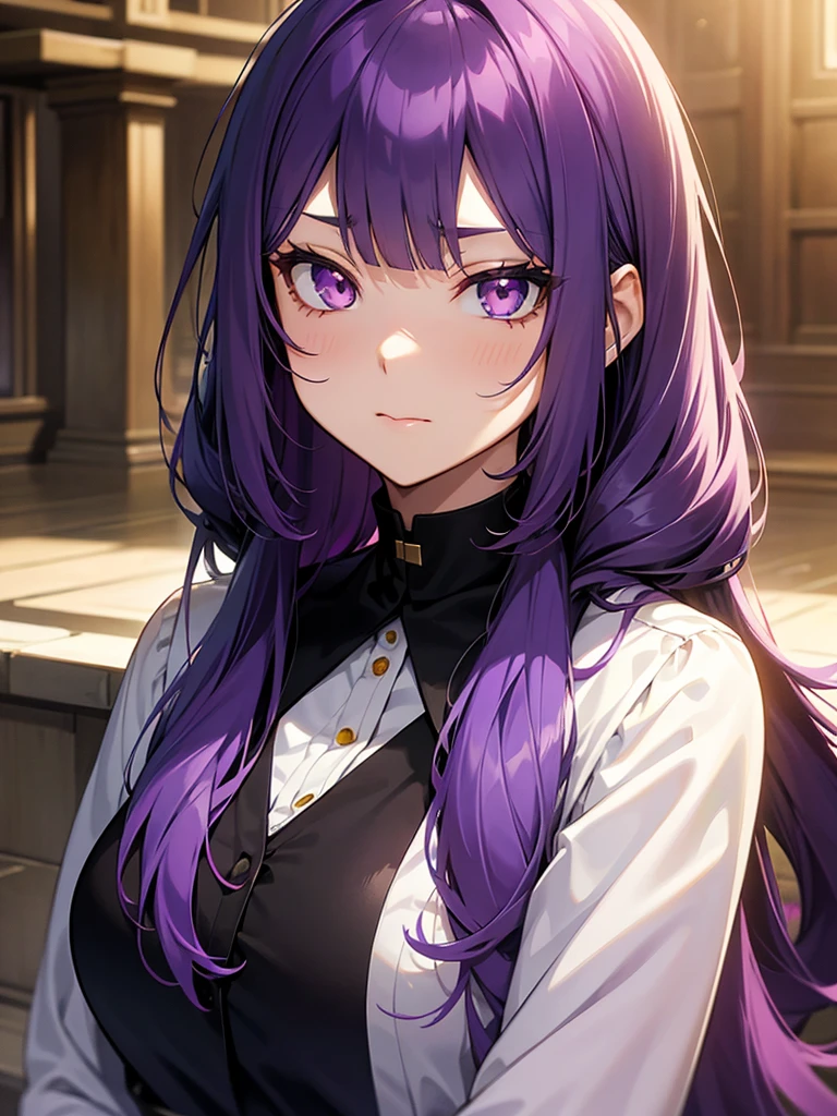 beautiful woman with long violet hair, violet eyes, pale and flawless skin, wearing a dark purple blouse with neckline, intricate detailed face, mesmerizing gaze, elegant posture, natural lighting, fantasy art, cinematic, dramatic lighting, chiaroscuro, deep rich colors, jewel-toned, ethereal, (best quality,4k,8k,highres,masterpiece:1.2),ultra-detailed,(realistic,photorealistic,photo-realistic:1.37)