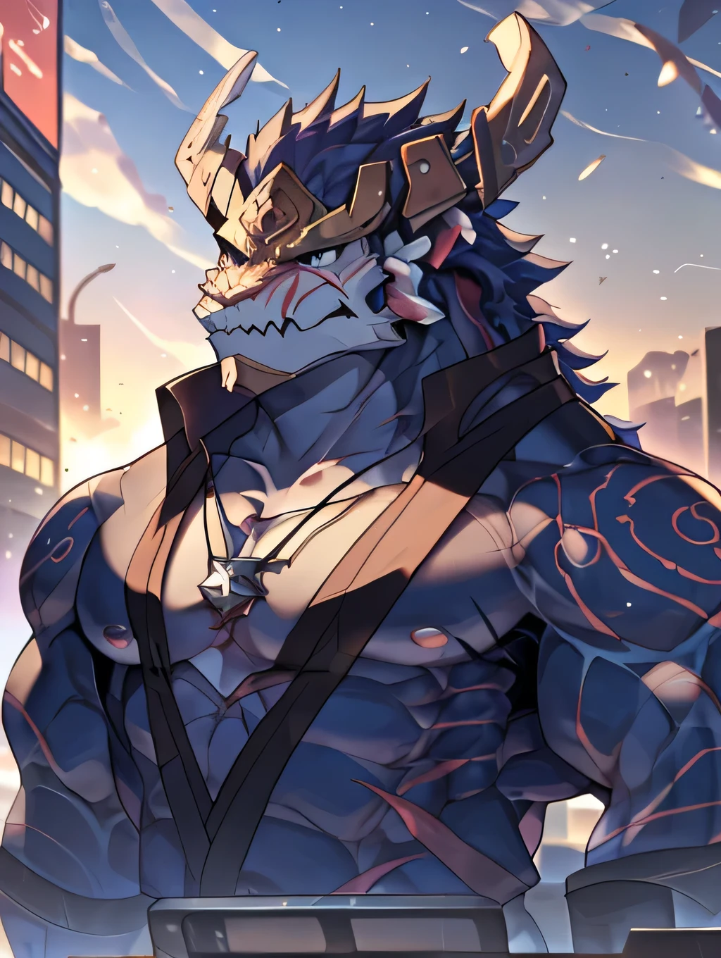 (dragon), Two colors, Scars on the face, Necklace hanging around the neck,(Muscular body:1.3), Scars on the face, Handsome, OK,(Scars on the face), On the Street,(City background),(Scars on the face:1.2),Look at the screen,(dragon horn),(dragon尾),Perfect masterpiece,