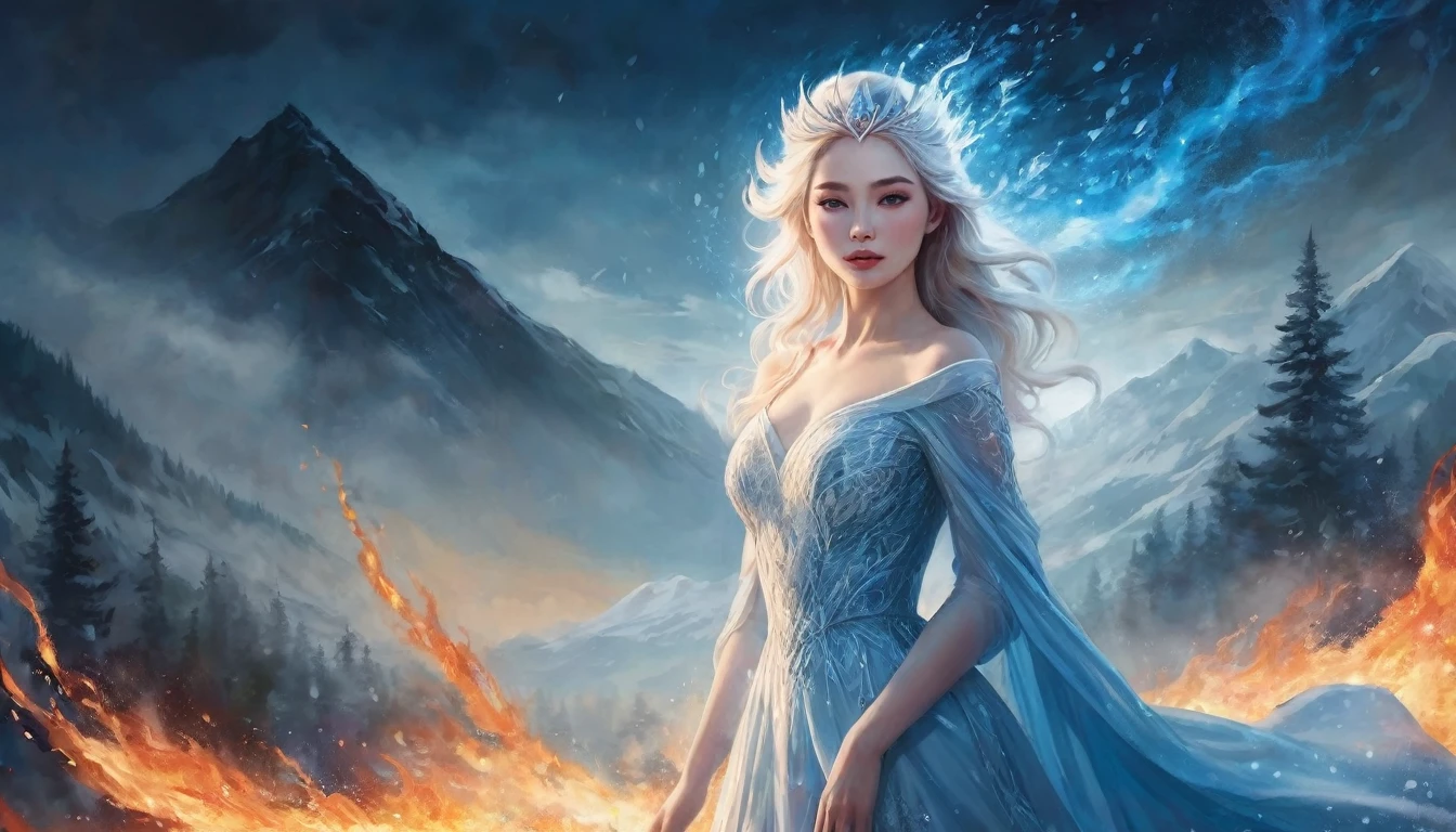 A graceful snow princess walking on a mountain engulfed in a forest fire at night. She is a beautiful young woman with pale skin, wearing an ice-themed outfit in shades of blue and white. The scene is dramatic, with flames and sparks flying in the air, and a raging firestorm surrounding her. Despite the chaos, she stands tall and regal with a slightly smile on her face, exuding calm and elegance against the fiery backdrop. The scene is realistic. หน้าอก, 