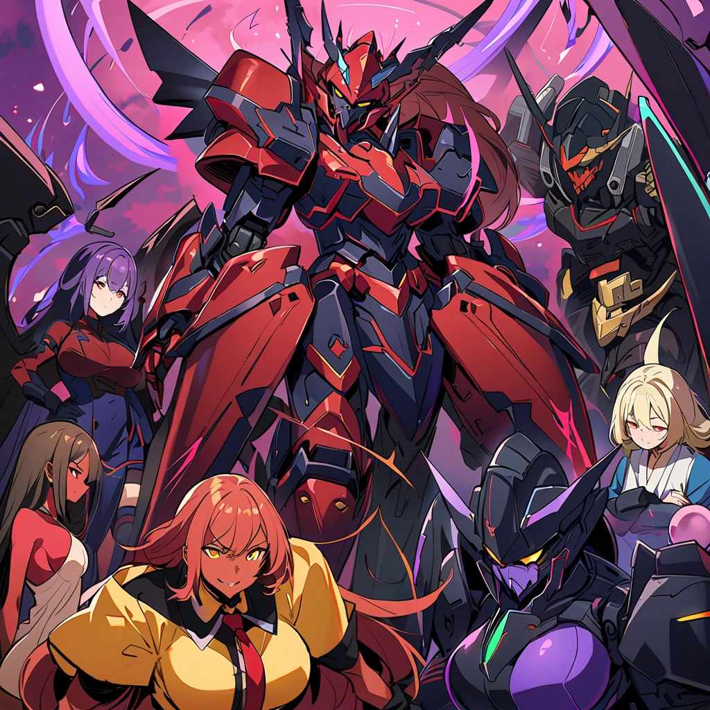 Anime, high detailed, multiple womans, mature womans, dark Ebony mecha armor, large mechanical wings, evil grin, large clawed Gauntlet, red skin, curvy body, long mechanical tail,black sclera、Colored sclera、crimson Colored skin、Yellow Eyes, elongated pupils,  Mature Woman、Black-purple aura、womans surrounding