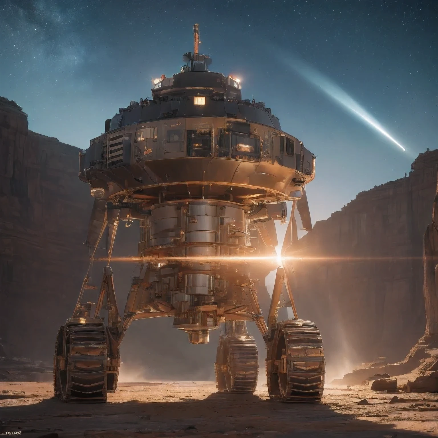 Nuclear-powered stainless steel crawler in the canyon area of Mars sedimentary plains，Snow Red Lithography Machine Assembly Line Future Black Gold Space Station 1:3，Good perspective，High visibility，Starry Sky，Tyndall effect，Light and shadow enhancement，Shining，Particle Effects，Unreal Engine，8 K，Detailed depiction，Soft light and shadow，Ultra wide-angle shooting，High degree of completion，Rich Details，Delicate texture，Strong visual impact，Ultra Detail，High Saturation，Ray Tracing，Light and shadow effects，16 K smoothing，high resolution