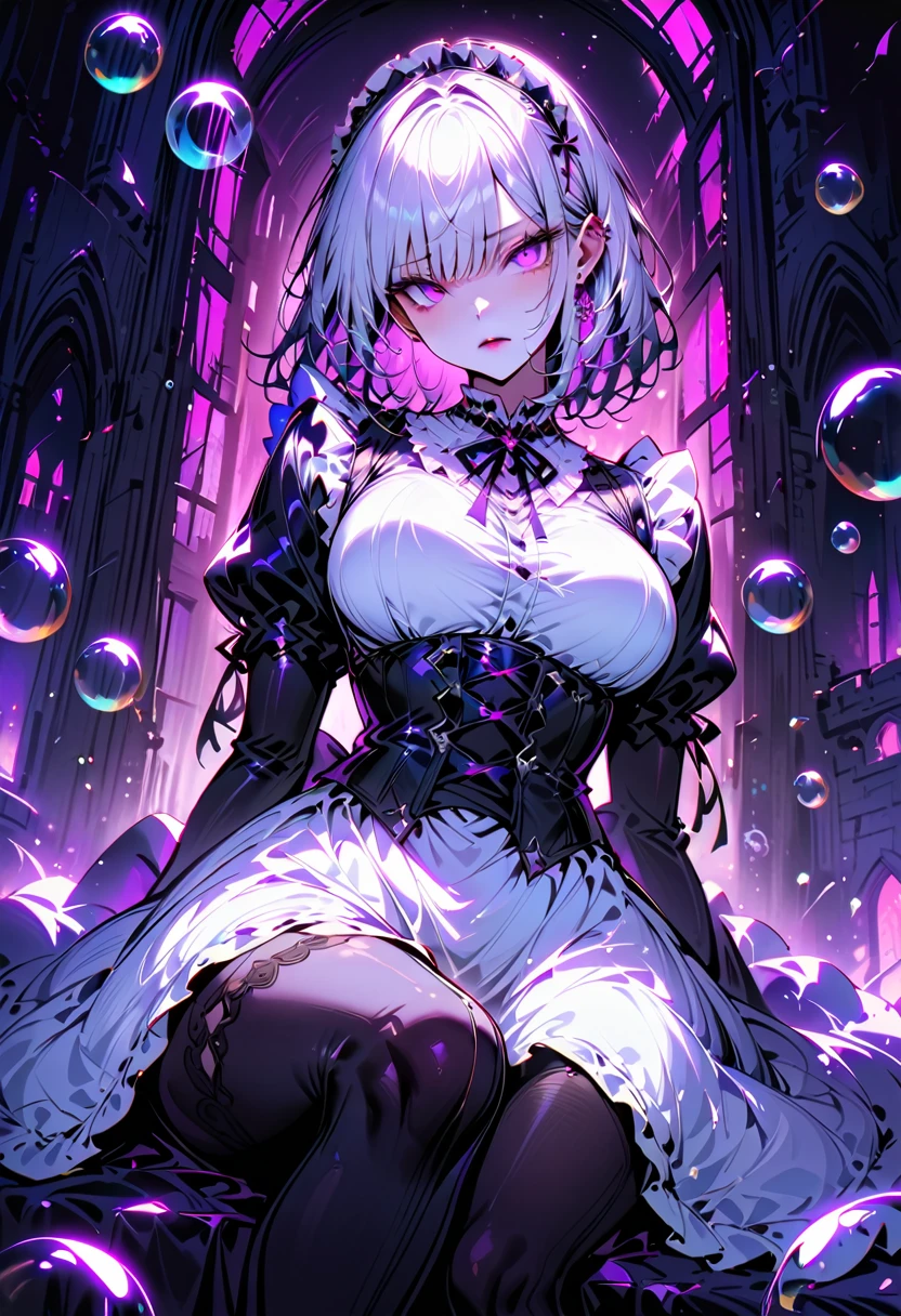 Young beautiful woman,(Best Quality,Extremely detailed depiction,Incredibly absurd high definition,Anatomically accurate,Beautiful legs,Porcelain-like skin),(Black and white gothic maid outfit,Maid Skirt,corset,Black tights),eyelash,(Silver Hair,Purple Eyes,Eyes half closed:1.5,Unfriendly expression,Large Breasts,Glossy black lips:1.5,Heavy makeup),(whole body),background:Castle,Dramatic lighting,Volumetric lighting,沢山の大きな虹色のBubble:1.5,Soap bubbles,Bubble,Mysterious atmosphere