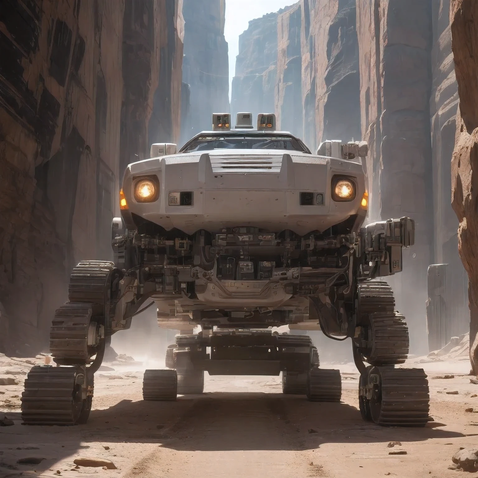 Nuclear-powered stainless steel crawler in the canyon area of Mars sedimentary plains，Snow Red Lithography Machine Assembly Line Future Black Gold Space Station 1:3，Good perspective，High visibility，Starry Sky，Tyndall effect，Light and shadow enhancement，Shining，Particle Effects，Unreal Engine，8 K，Detailed depiction，Soft light and shadow，Ultra wide-angle shooting，High degree of completion，Rich Details，Delicate texture，Strong visual impact，Ultra Detail，High Saturation，Ray Tracing，Light and shadow effects，16 K smoothing，high resolution