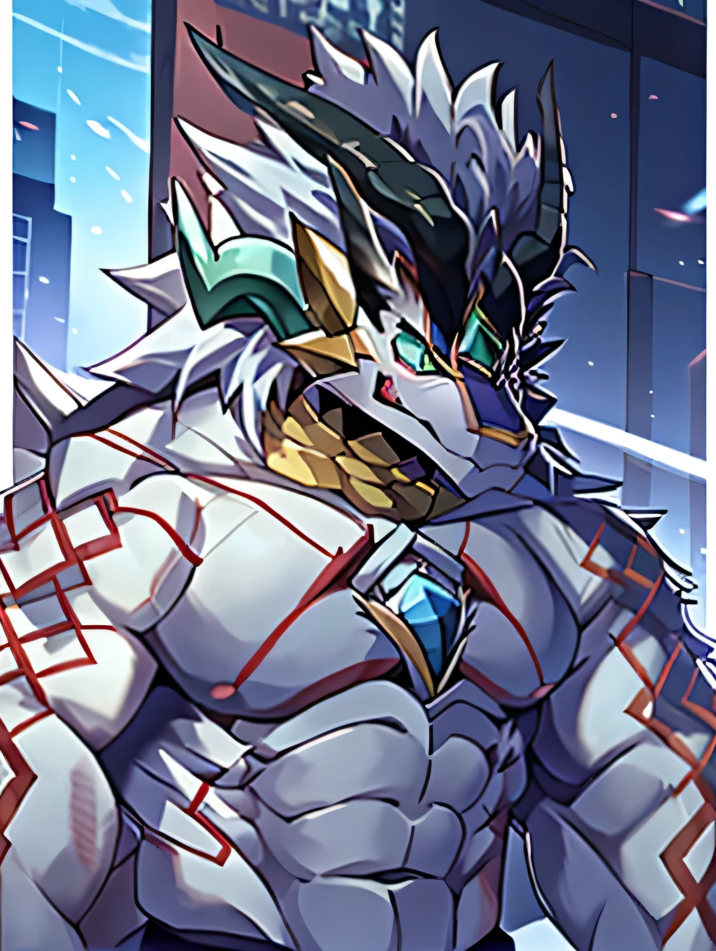 (dragon), Two colors, Scars on the face, Fine eyes，Necklace hanging around the neck,(Muscular body:1.3), Scars on the face, Handsome, OK,(Scars on the face), On the Street,(City background),(Scars on the face:1.2),Look at the screen,(dragon horn),(dragon尾),Perfect masterpiece,
