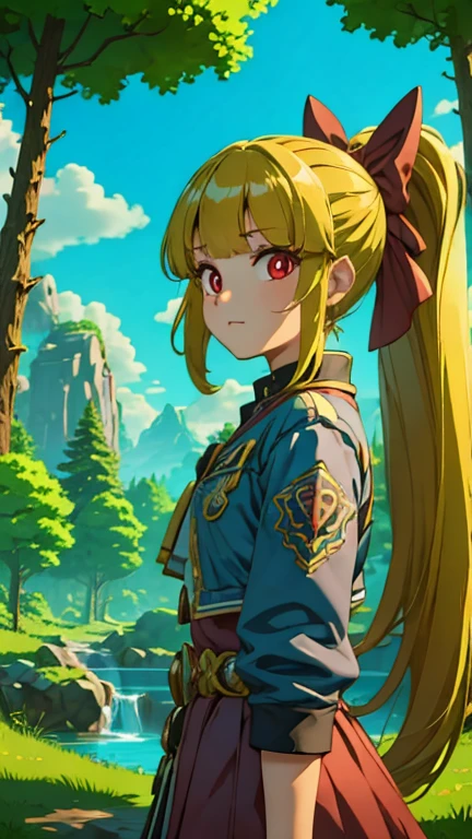 (1girl, Alone, ppgzmmk), (extremely detailed CG unit 8k wallpaper),(master part), (best quality), (ultra detail), (best illustration),(zeldawild), cowboy shot, (Sharp eyeliner, ombre, detailed eyes:1), forest, outdoors background, ,break,  (FanFo), upper body, long hair, blonde hair, hair bow, blunt bangs, ponytail, red eyes, bright pupils