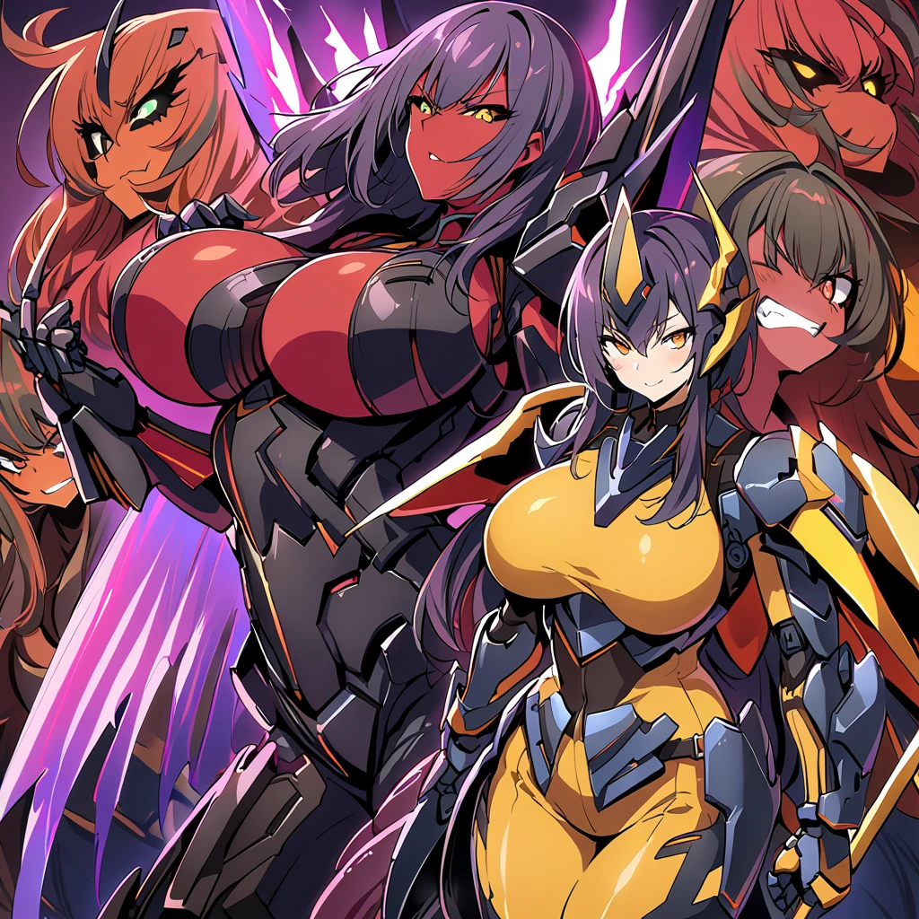 Anime, high detailed, multiple womans, mature womans, dark Ebony mecha armor, large mechanical wings, evil grin, large clawed Gauntlet, red skin, curvy body, long mechanical tail,black sclera、Colored sclera、crimson Colored skin、Yellow Eyes, elongated pupils,  Mature Woman、Black-purple aura、womans surrounding