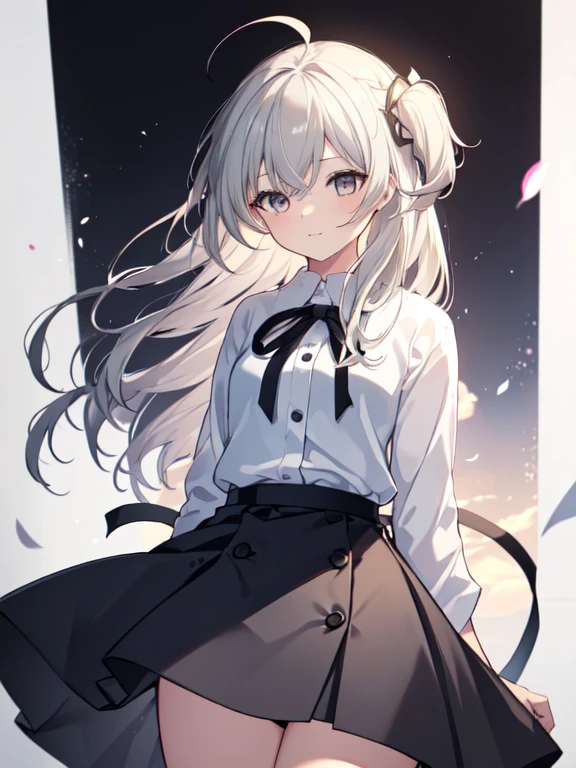 ((masterpiece, Best Quality)), (One girl), (Alone), (For Women), (Ahoge, Gray Hair, Long Hair), Blonde Eyes, A light smile, Open your mouth, ((White Shirt), (Button-down shirt), (Button gap)), ((Black Skirt), (Short skirt)), standing, White background, Place your arms behind your back, Dynamic Angle,