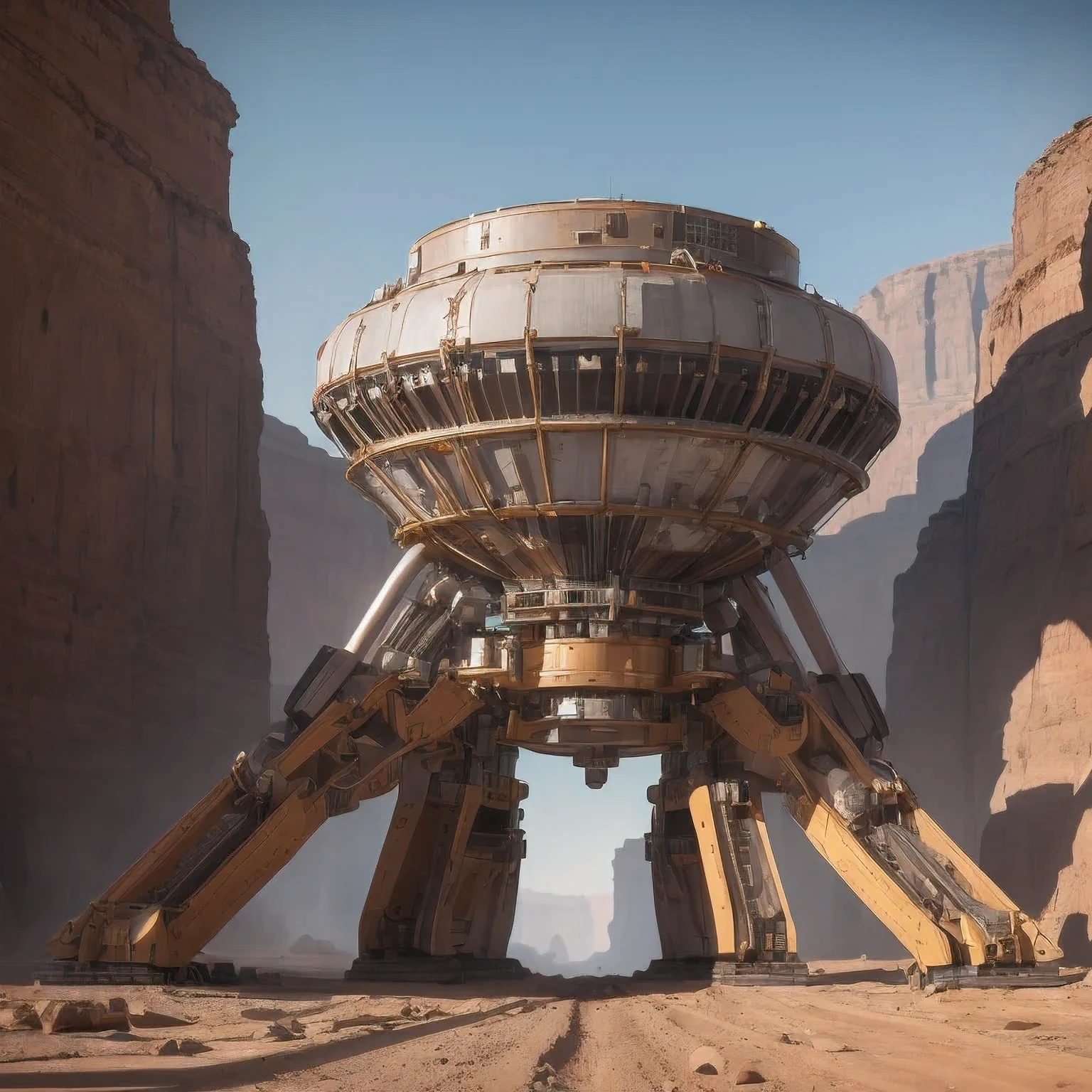 Nuclear-powered stainless steel crawler in the canyon area of Mars sedimentary plains，Snow Red Lithography Machine Assembly Line Future Black Gold Space Station 1:3，Good perspective，High visibility，Starry Sky，Tyndall effect，Light and shadow enhancement，Shining，Particle Effects，Unreal Engine，8 K，Detailed depiction，Soft light and shadow，Ultra wide-angle shooting，High degree of completion，Rich Details，Delicate texture，Strong visual impact，Ultra Detail，High Saturation，Ray Tracing，Light and shadow effects，16 K smoothing，high resolution