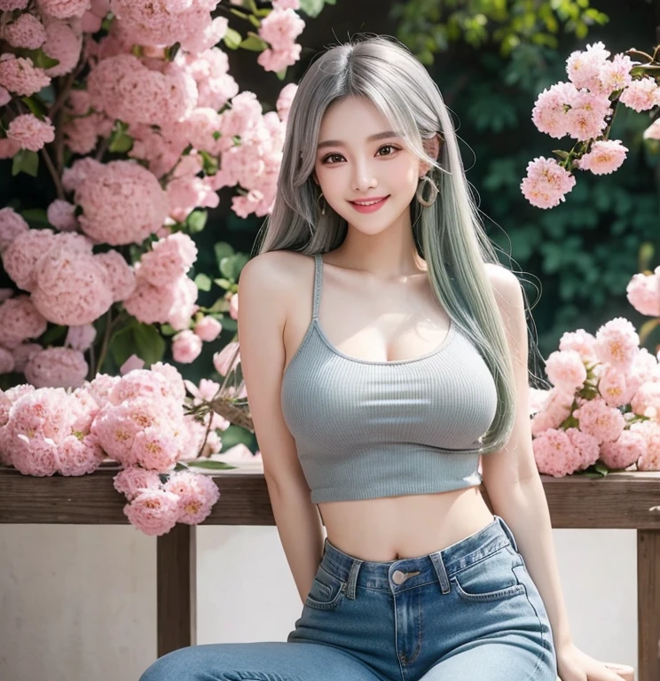 Beautiful woman with very long straight gray-green hair., Maximum resolution, , Big Breasts, Light blush, รอยsmileยั่วยวน, smile,Wearing a crop top and jeans, the background is sitting in a pavilion with a variety of beautiful pink flowers., 