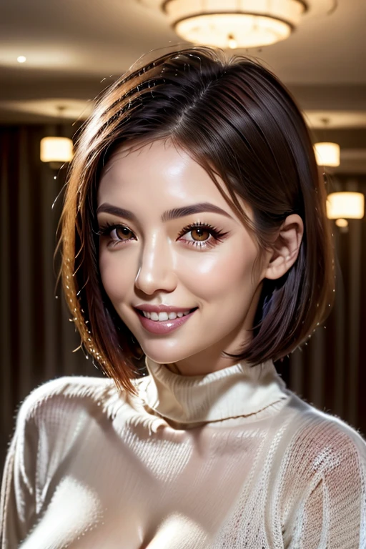 (8 k, Photos in RAW format, Highest quality, masterpiece, Realistic, photorealistic), (1 woman), (Supreme beauty), very detailed face, (perfect teeth), beautiful eyes, double eyelid, eyelash, smile, Lip details, Brunette Bob, The light shines on your face, big breasts, ((knitted sweater)), ((upper body)), (background: Resort Hotel Lobby), ((Written depth limit))