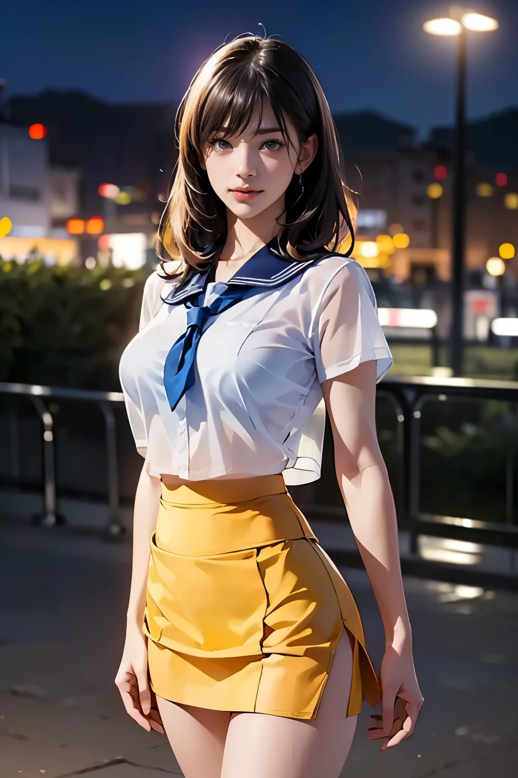 18-year-old female, Long Hair, RAW Photos, Bokeh (realism: 1.4, Realistic), High-definition CG integrated 8K wallpaper, 1人の女性, ((Slender body: 1)), (Large Breastss: 1), Back to viewers, ((Direct view from the front)), (High Quality Skins: 1.4), 8K Ultra HD, Digital SLR, Soft light, High image quality, Film Grain, Fujifilm XT3, ((School Uniform, Short skirt,See-through open skirt:1.5)), ((Outdoor, In the park))) Janju, Portrait,((Layered Short Haircut, Black Hair,Large Breasts:1.2)),(Watching the audience:1.4),(whole body:1.8)