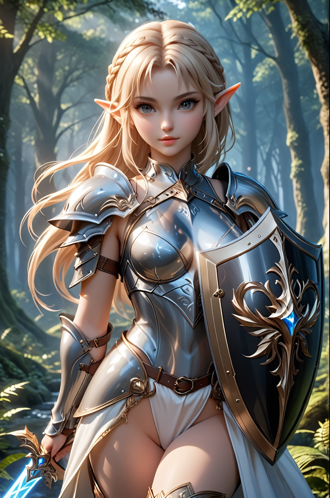 Beautiful Alluring female elf knight, Mythology Theme, Fantasy Theme, fair Skin, fair long blond braided hair, a cup size small breasts, Inside A magical forest, Barely Clothed, sword and shield at hand, bikini armor, Beautiful D&D Character Portrait, Beautiful Fantasy, Detailed, Digital Art, Extreme Detail, Polished, Beautiful, Hyperdetailed, Intricate, Elaborate, Meticulous, Anime Character, Detailed, Anime Face, Sharp Focus, Unreal Engine, 3d Rendered, Volumetric Lighting, Reflections, Glossy, Digital Illustration, Sensual Pose, Suggestive Pose, Full Body Shot, small perky breasts, anatomically correct 💖❤💕💋❣