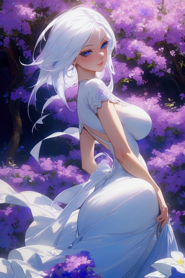 Realistic, 1girl, white hair, purple eyes, glowing eyes, parted lips, blush, night, flowers, sun, sunlight, nude