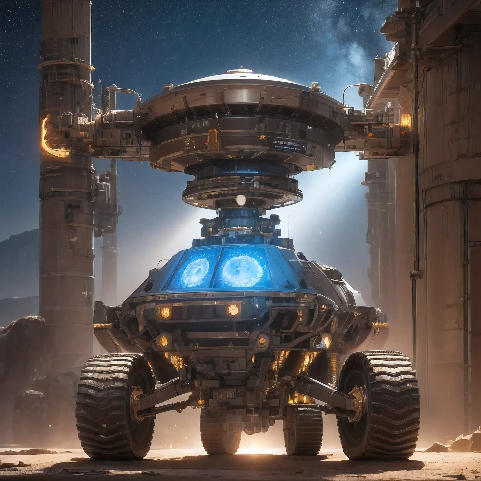 Nuclear-powered stainless steel crawler in the canyon area of Mars sedimentary plains，Snow Red Lithography Machine Assembly Line Future Black Gold Space Station 1:3，Good perspective，High visibility，Starry Sky，Tyndall effect，Light and shadow enhancement，Shining，Particle Effects，Unreal Engine，8 K，Detailed depiction，Soft light and shadow，Ultra wide-angle shooting，High degree of completion，Rich Details，Delicate texture，Strong visual impact，Ultra Detail，High Saturation，Ray Tracing，Light and shadow effects，16 K smoothing，high resolution