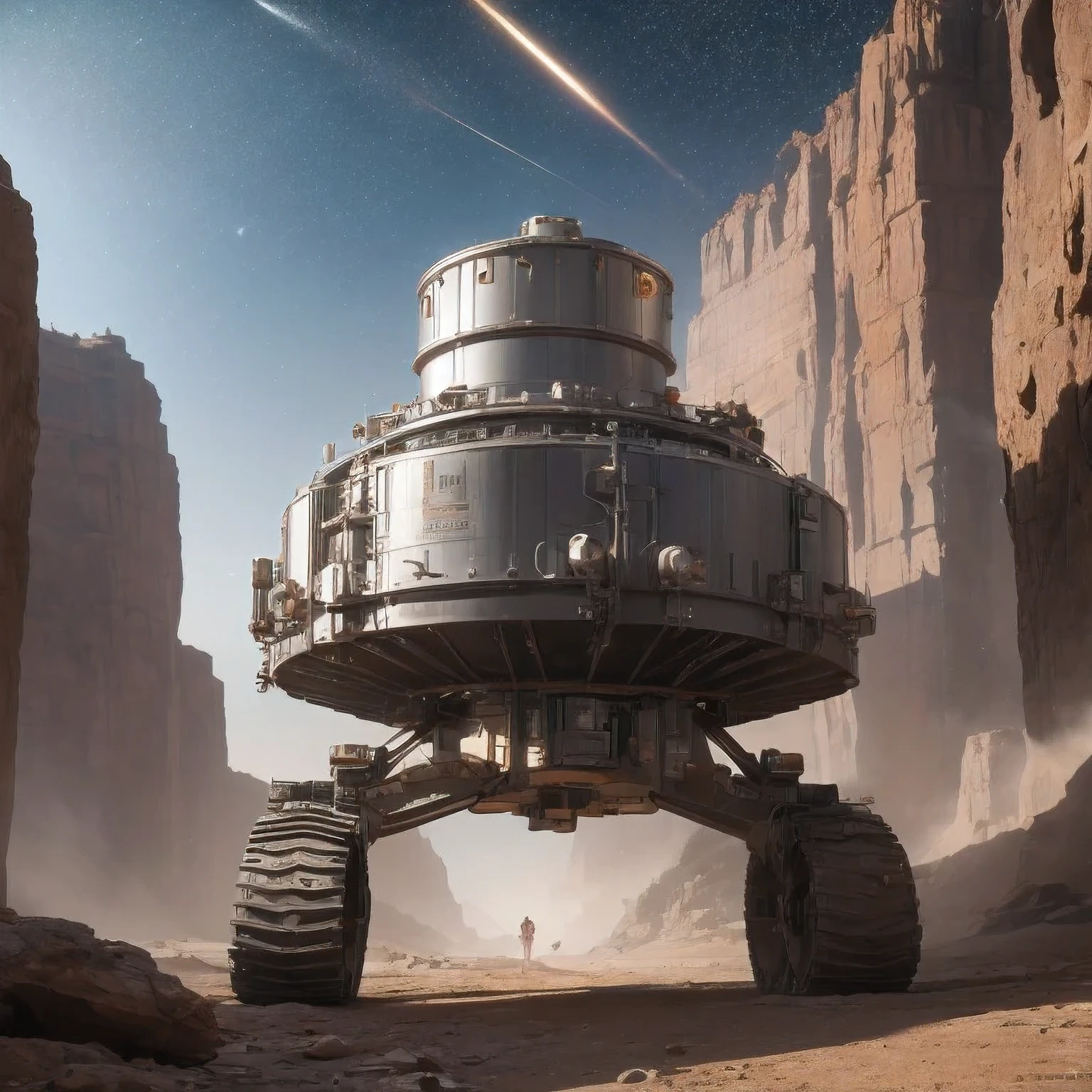 Nuclear-powered stainless steel crawler in the canyon area of Mars sedimentary plains，Snow Red Lithography Machine Assembly Line Future Black Gold Space Station 1:3，Good perspective，High visibility，Starry Sky，Tyndall effect，Light and shadow enhancement，Shining，Particle Effects，Unreal Engine，8 K，Detailed depiction，Soft light and shadow，Ultra wide-angle shooting，High degree of completion，Rich Details，Delicate texture，Strong visual impact，Ultra Detail，High Saturation，Ray Tracing，Light and shadow effects，16 K smoothing，high resolution